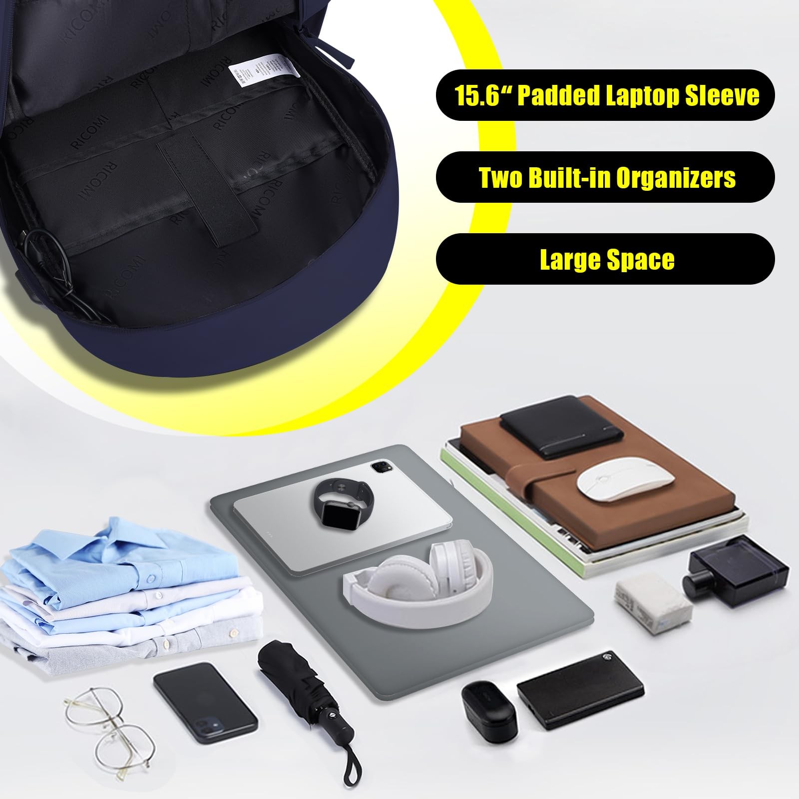 Lightweight Laptop Backpack USB Charging Port 15.6 Inch Navy Blue Bag