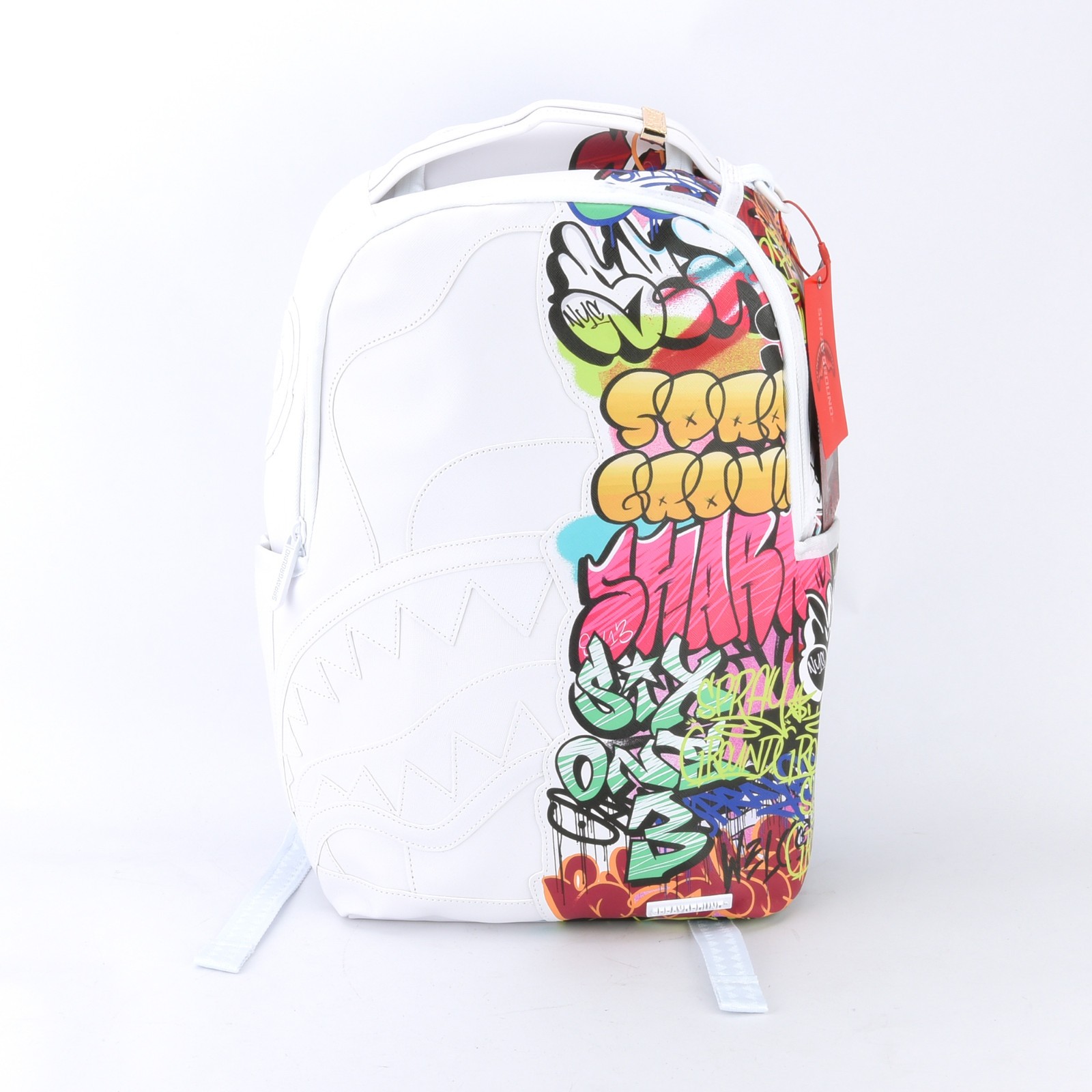 Sprayground Shark DLXV Leather Bag Backpack Half Graff White Zipper Pocket
