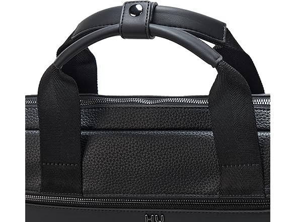 HUGO BOSS Stacked Logo Leather Briefcase Pitch Black Business Laptop Bag NWT