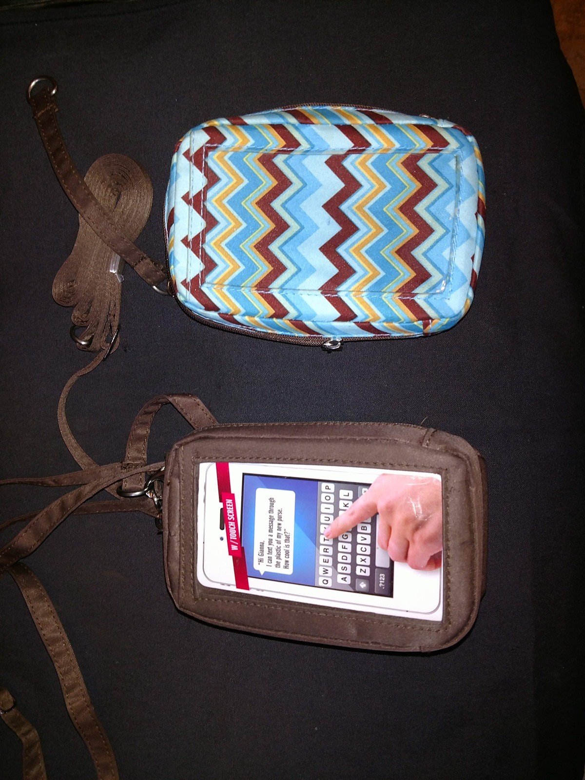 2 Standard Size Smartphone Bags with Straps Brown & Chevron