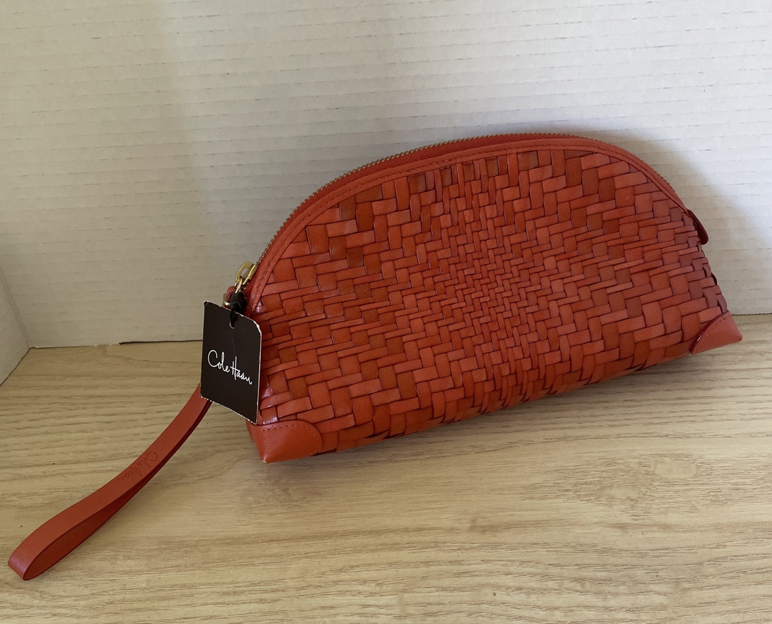Cole Haan Large Dome Wristlet Travel Bag Spicy Orange Woven Leather Genevieve