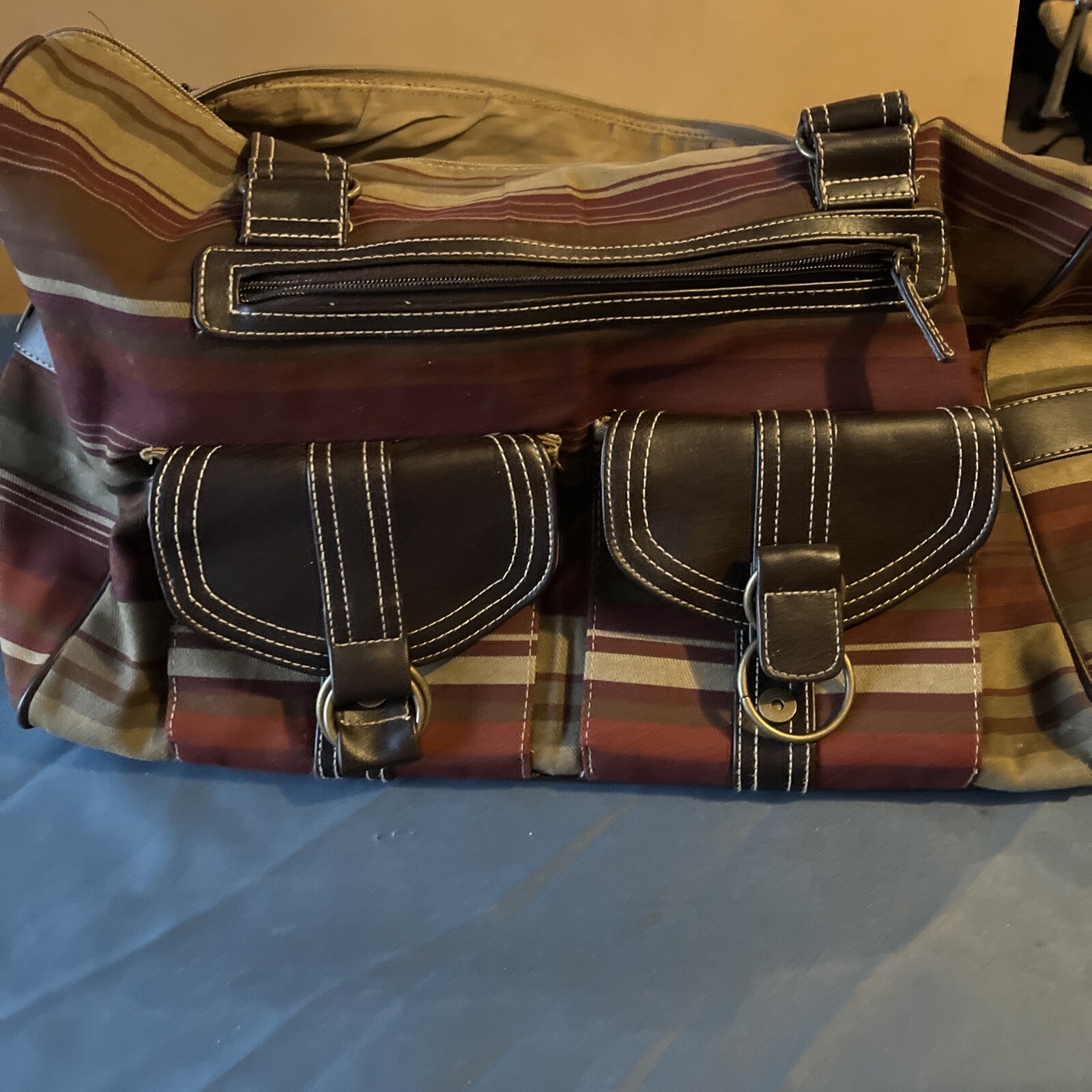 vintage overnight/ duffle bag/ 100% cotton/leather straps