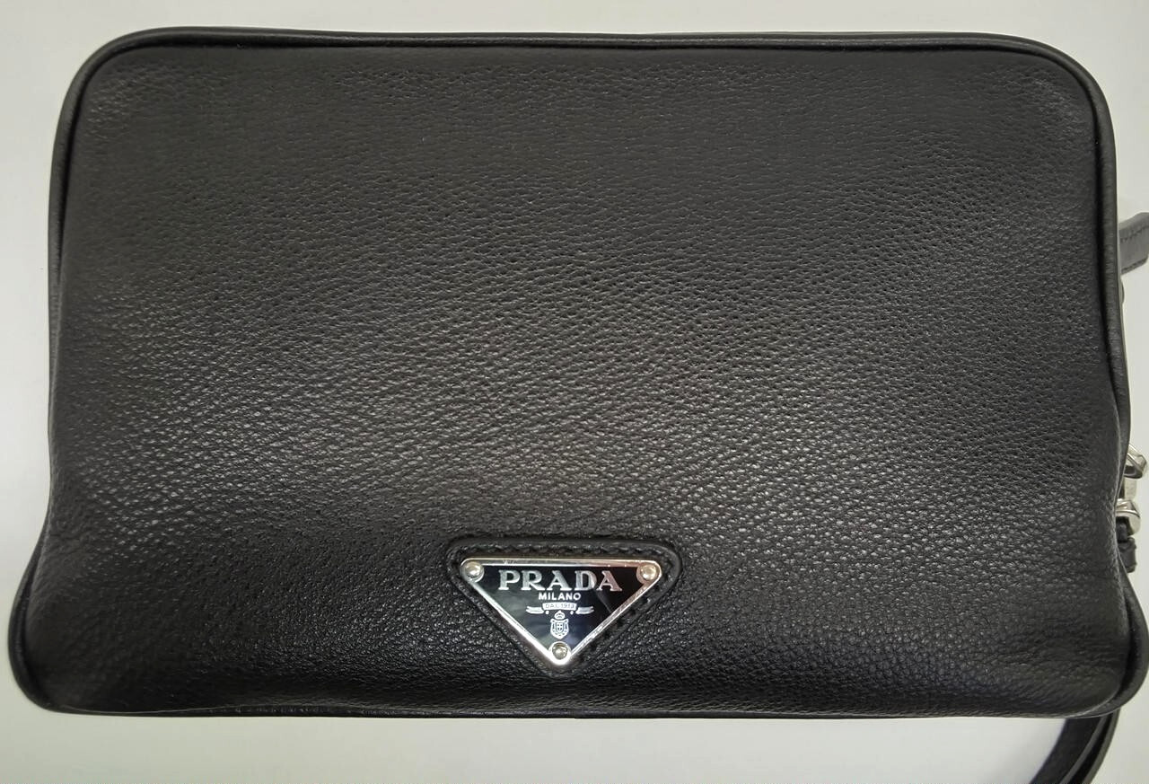 PRADA Leather Clutch Wrist Pouch Bag Triangle Logo Black w/ Auth Card 9.4″x6.3″