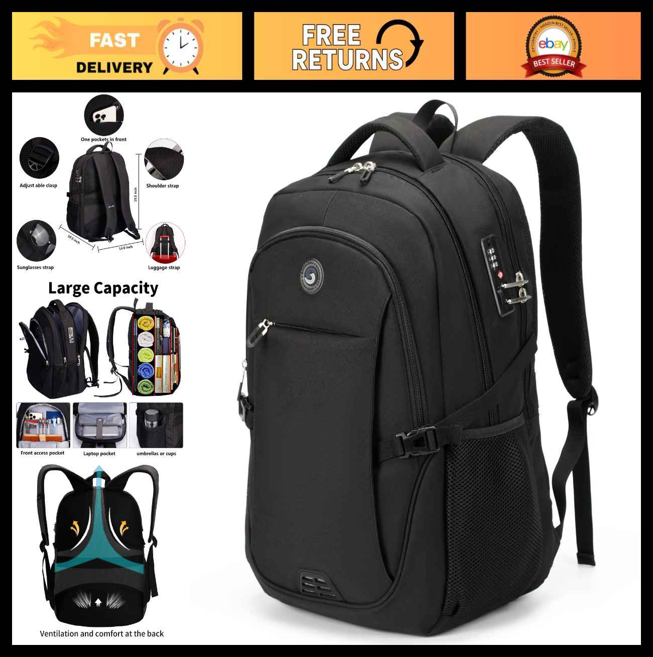 Anti-Theft Laptop Backpack with Combination Lock – Fits 17″ Laptop, Travel Bag f