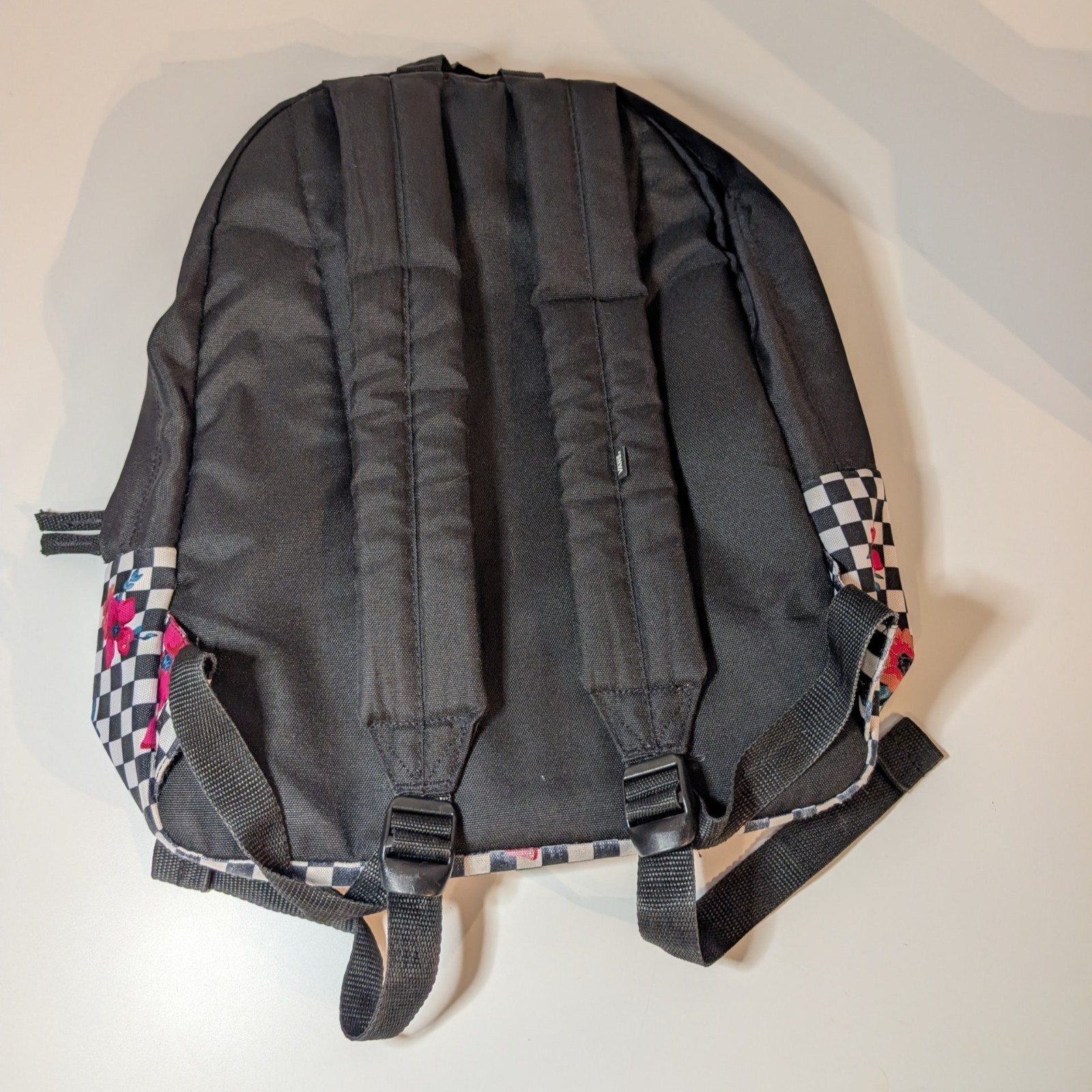 Vans Off The Wall Backpack Black White Checkered Floral with Pink Roses, Daypack