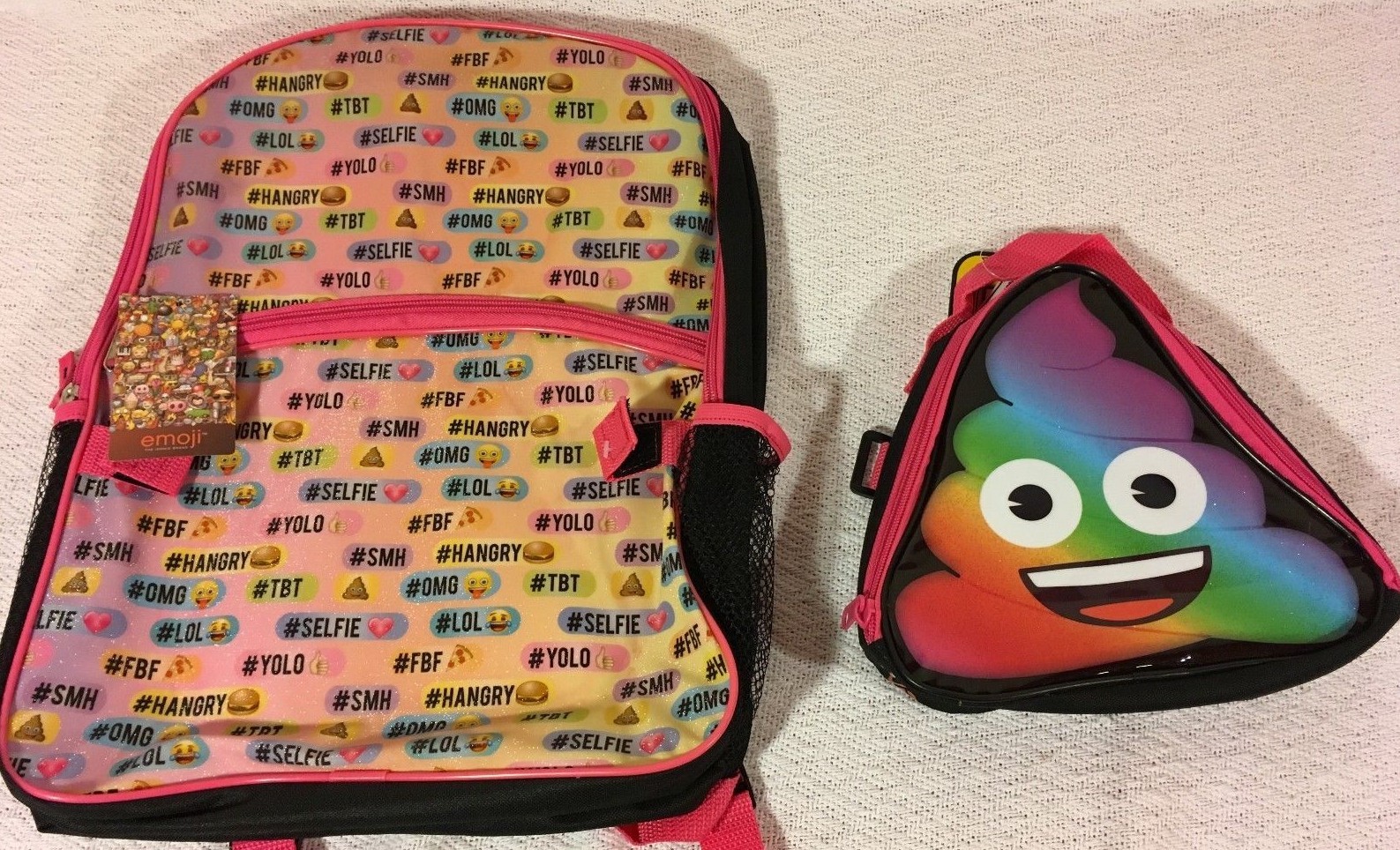 NWT THE OFFICIAL ICONIC BRAND EMOJI MOVIE SCHOOL BACKPACK & RAINBOW POO LUNCHBOX