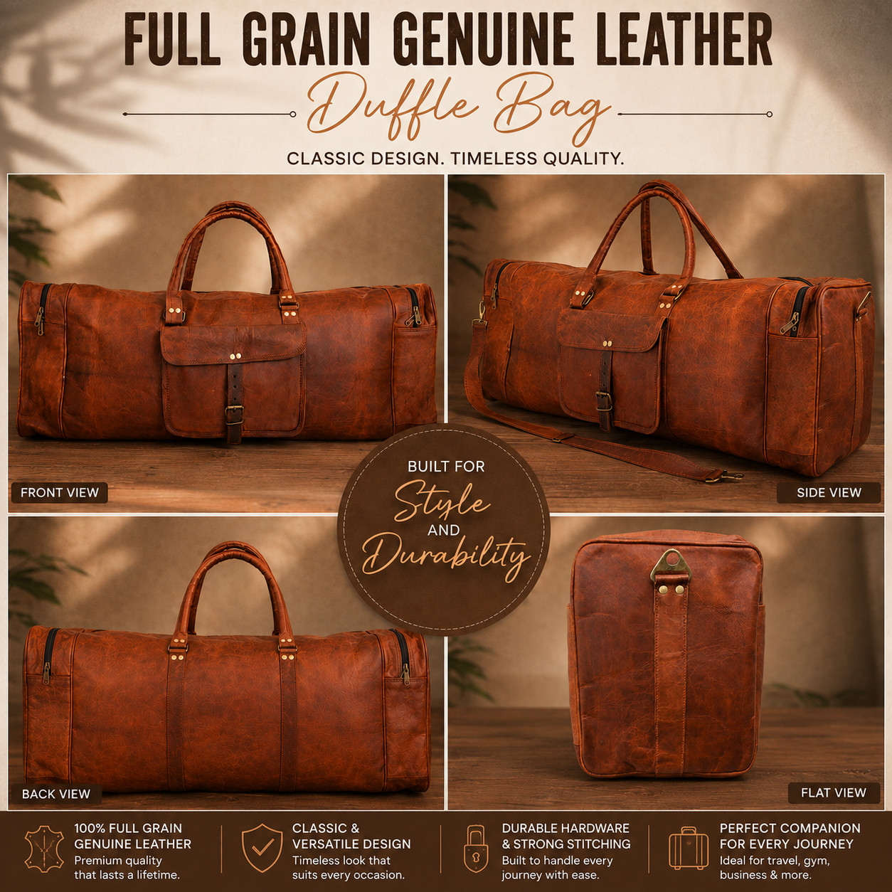 32″ Large Vintage Genuine Leather Duffle Bag, Carry On Travel Bag, Overnight Bag