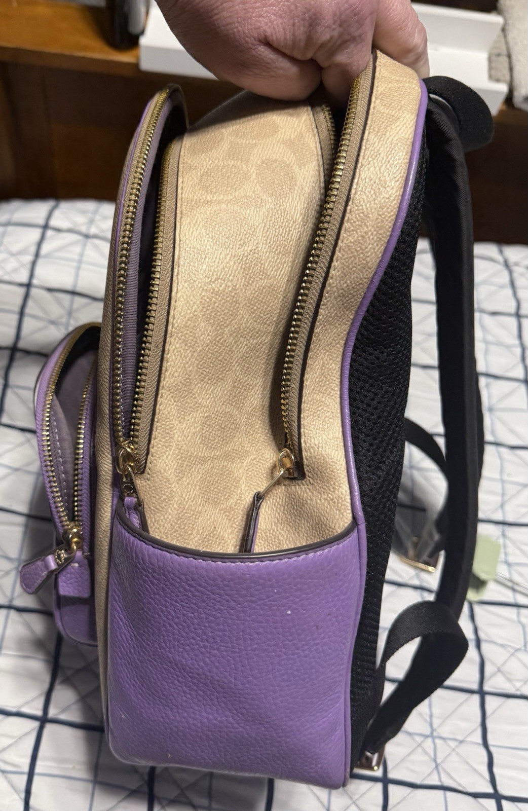 Coach Logo Backpack Purple Beige Zip Closure Adjustable Strap