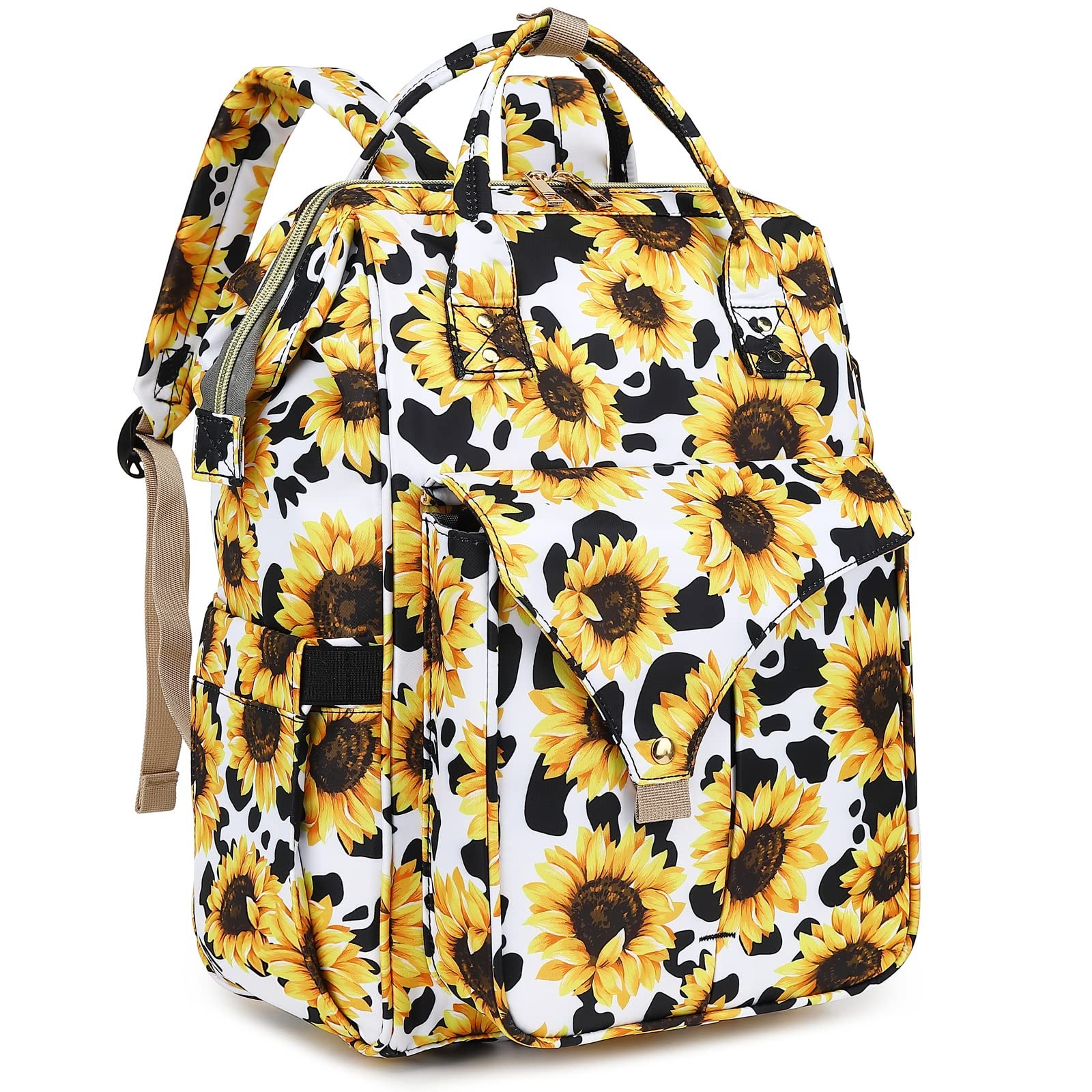 Sunflower Cow Print Laptop Backpack College School Nurse Bags 15.6 Inch