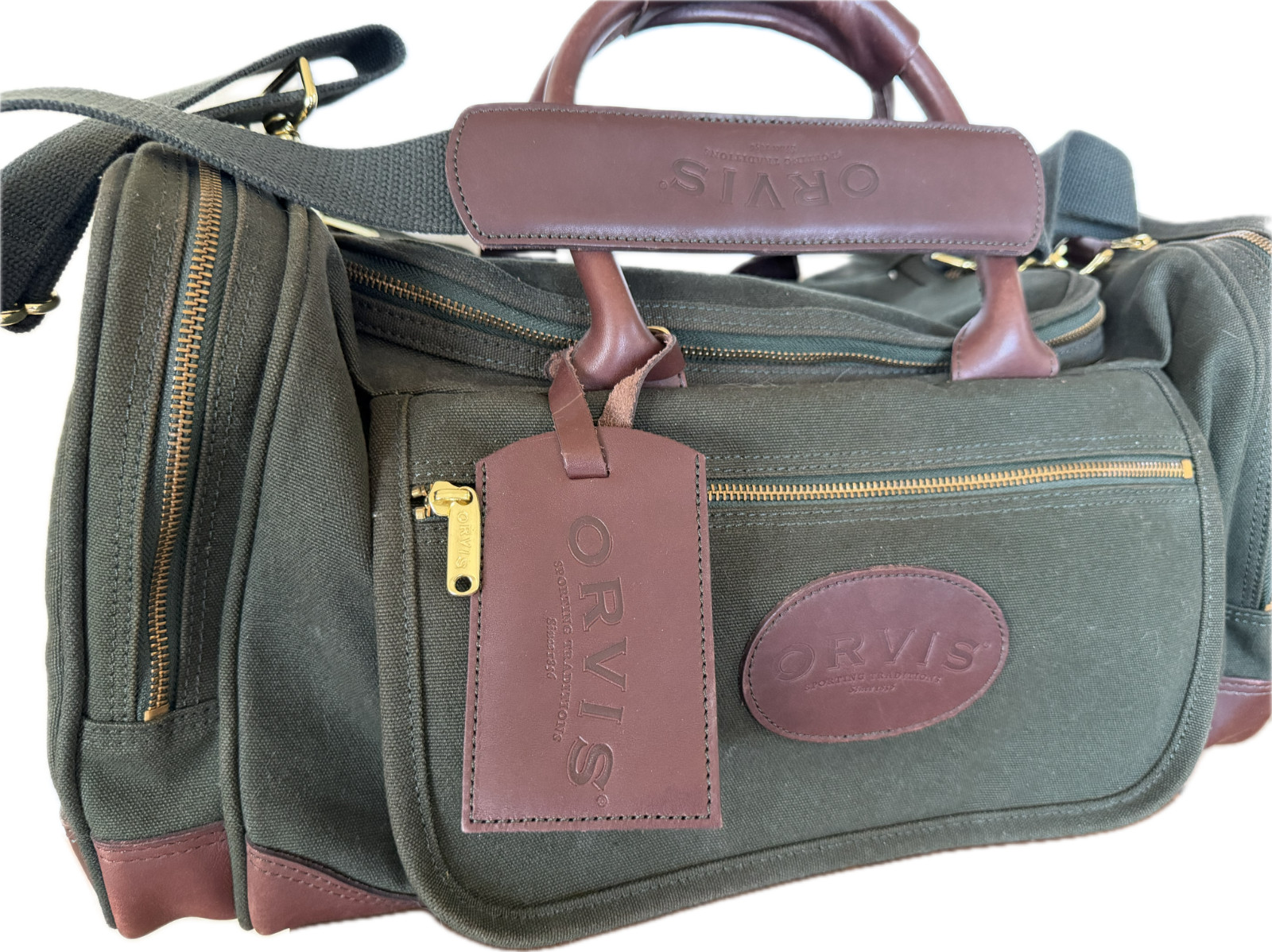 Vintage Orvis Battenkill 90s Green Canvas & Brown Leather Duffle Bag USA Made