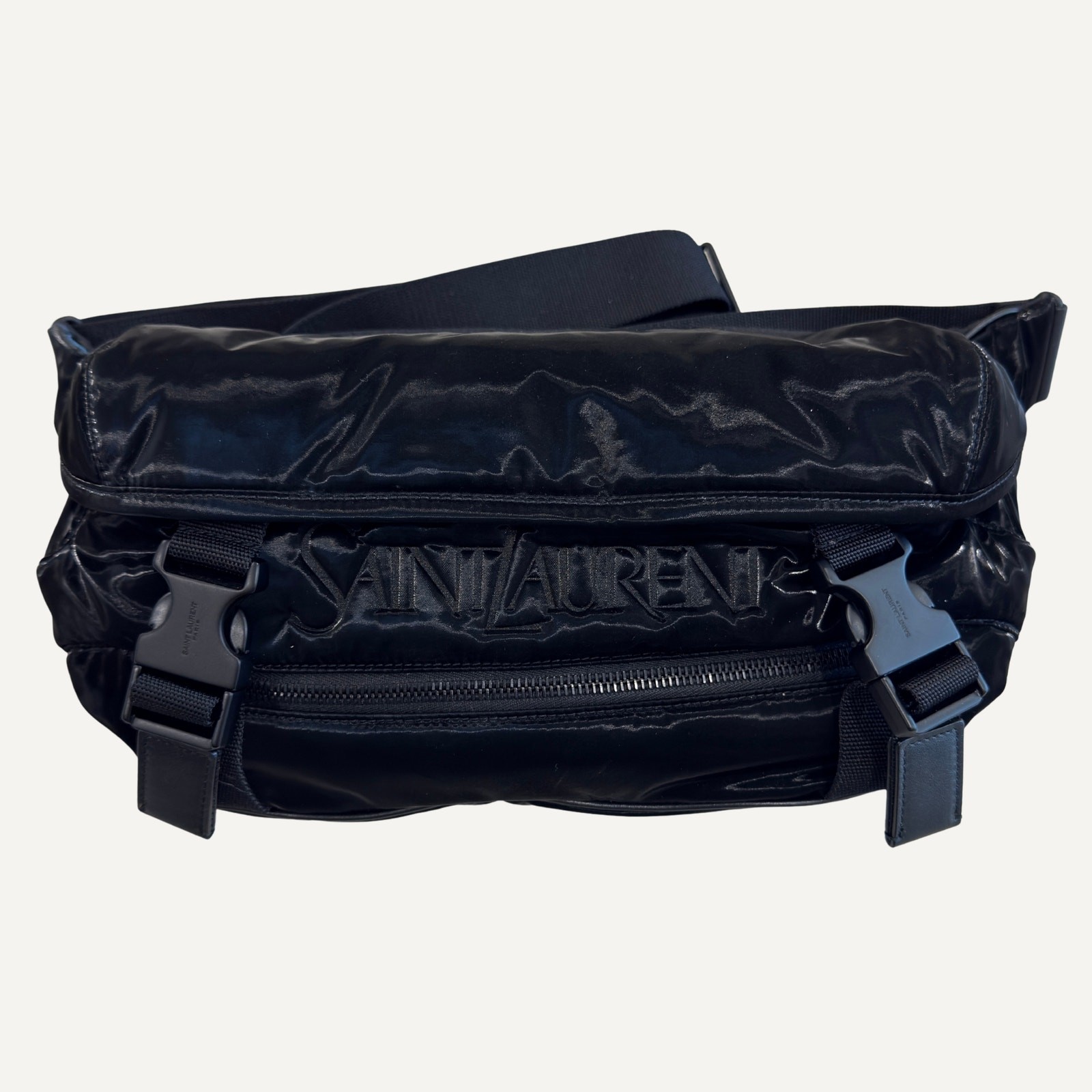 Saint Laurent Logo Crossbody Bag Silktech Canvas Black Calfskin Trim NWT