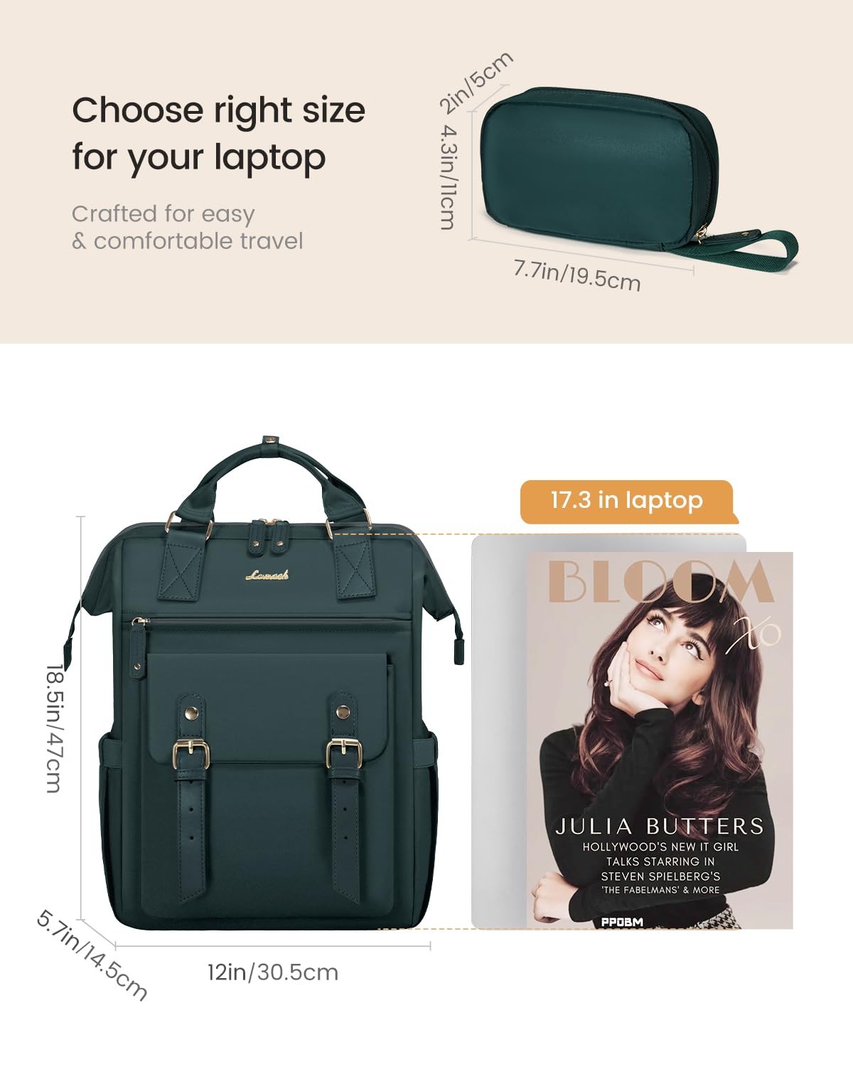LOVEVOOK 17 Inch Laptop Backpack for Women Work Travel, Dark Green