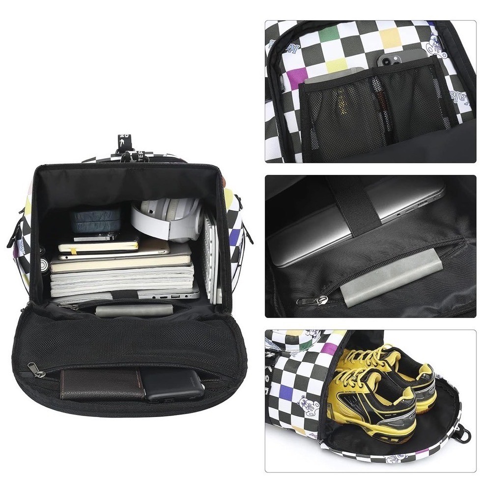 Kalesi Convertible Backpack Duffel Large Multicolor Checkered Teddy Bear 20in