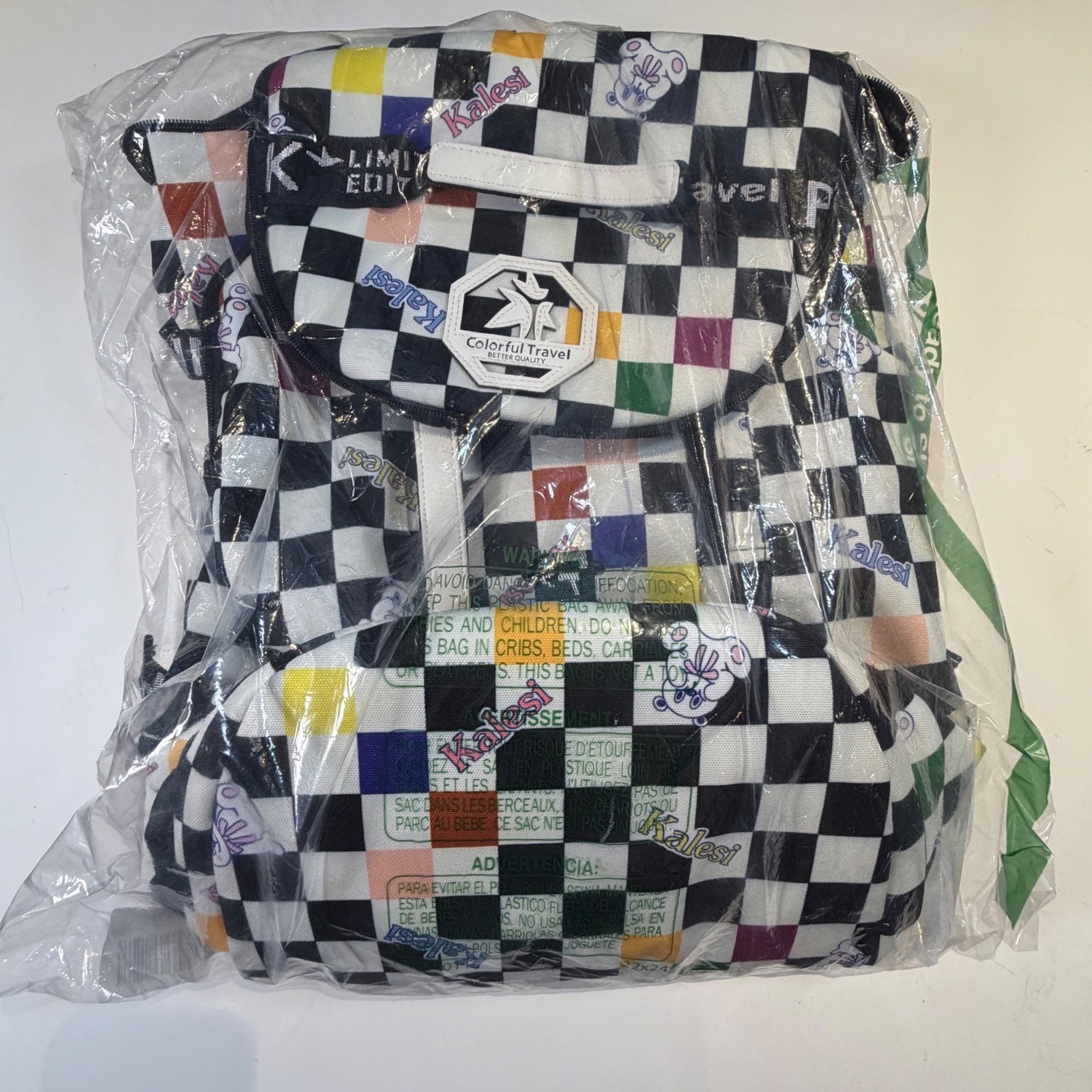 Kalesi Convertible Backpack Duffel Large Multicolor Checkered Teddy Bear 20in