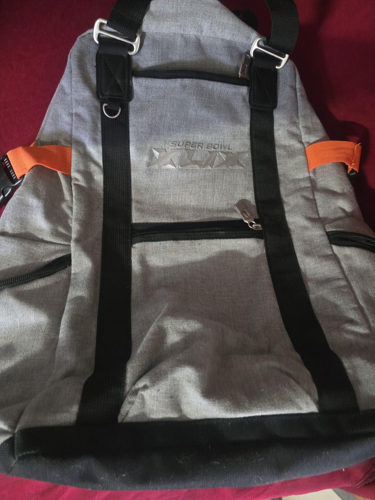 LARGE Super Bowl XLIX Backpack Gray Canvas w Orange Interior Multi-Compartment