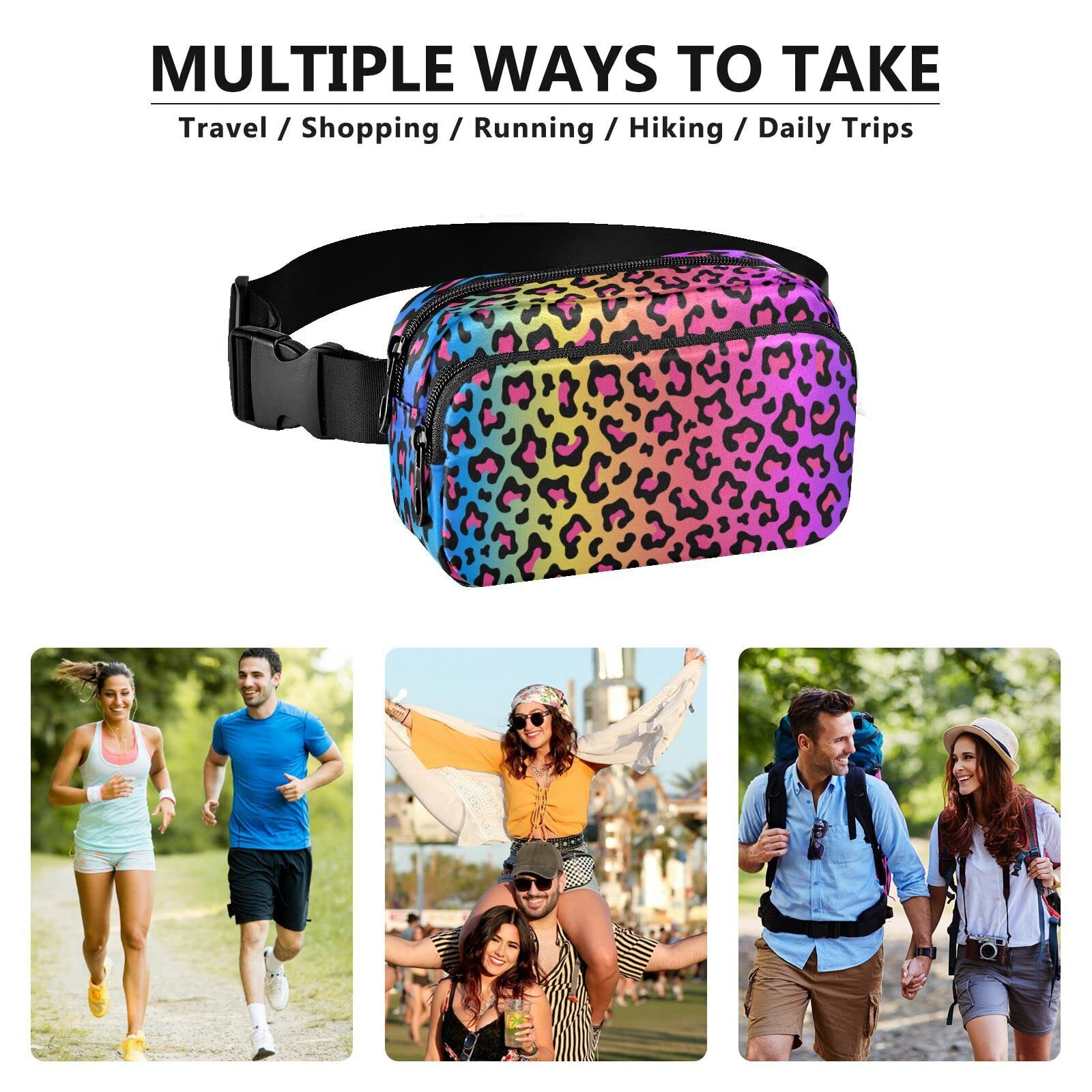 Rainbow Colored Leopard Print Belt Bag for Women Men Fanny Pack Small Waist P…