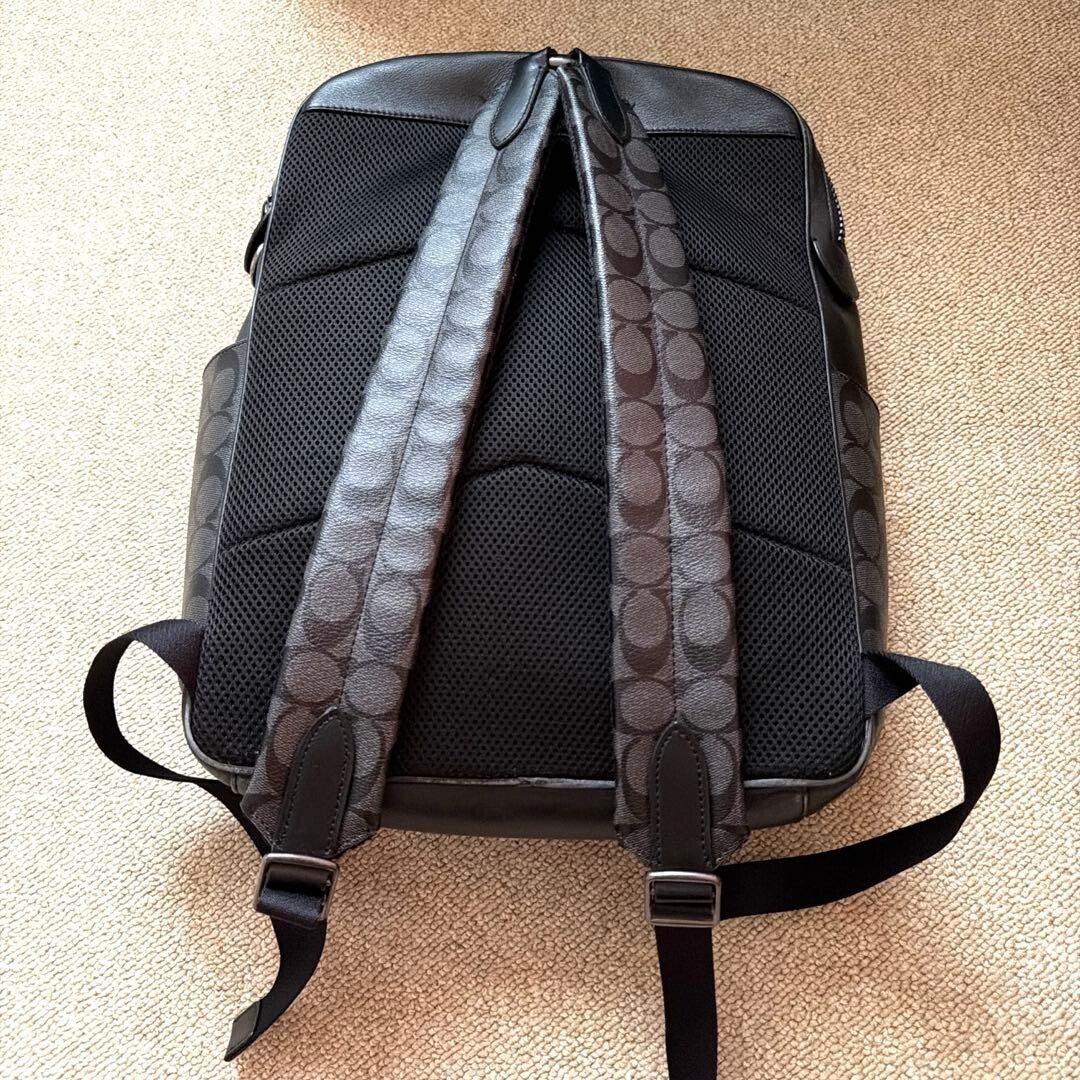 Coach Leather Backpack Black Navy Mens Large Rucksack Logo Missing Outlet Used