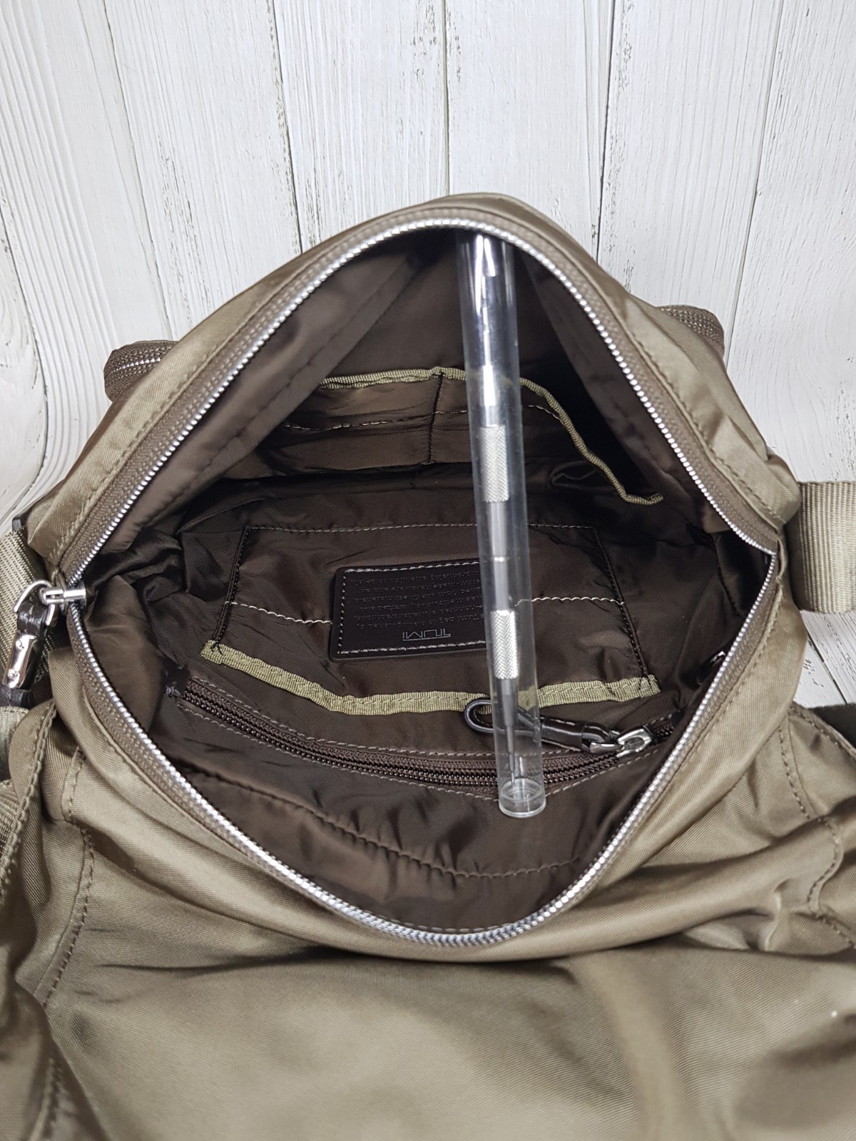 TUMI Crossbody Khaki Logo Magnetic Zip Nylon Mini Unisex
