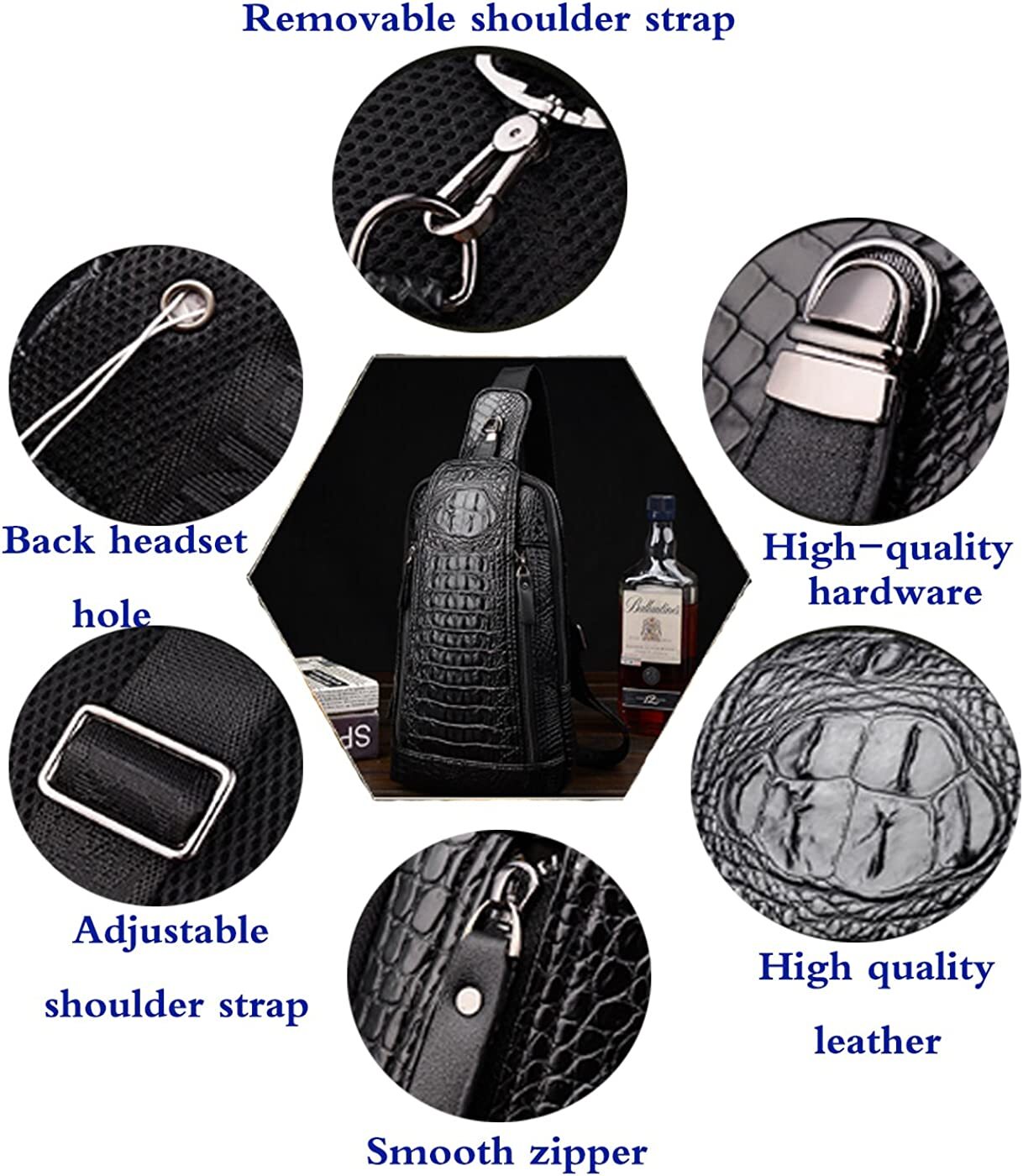 Sling Backpack Men’s Genuine Leather Crocodile Crossbody Chest Bag Sport Daypack