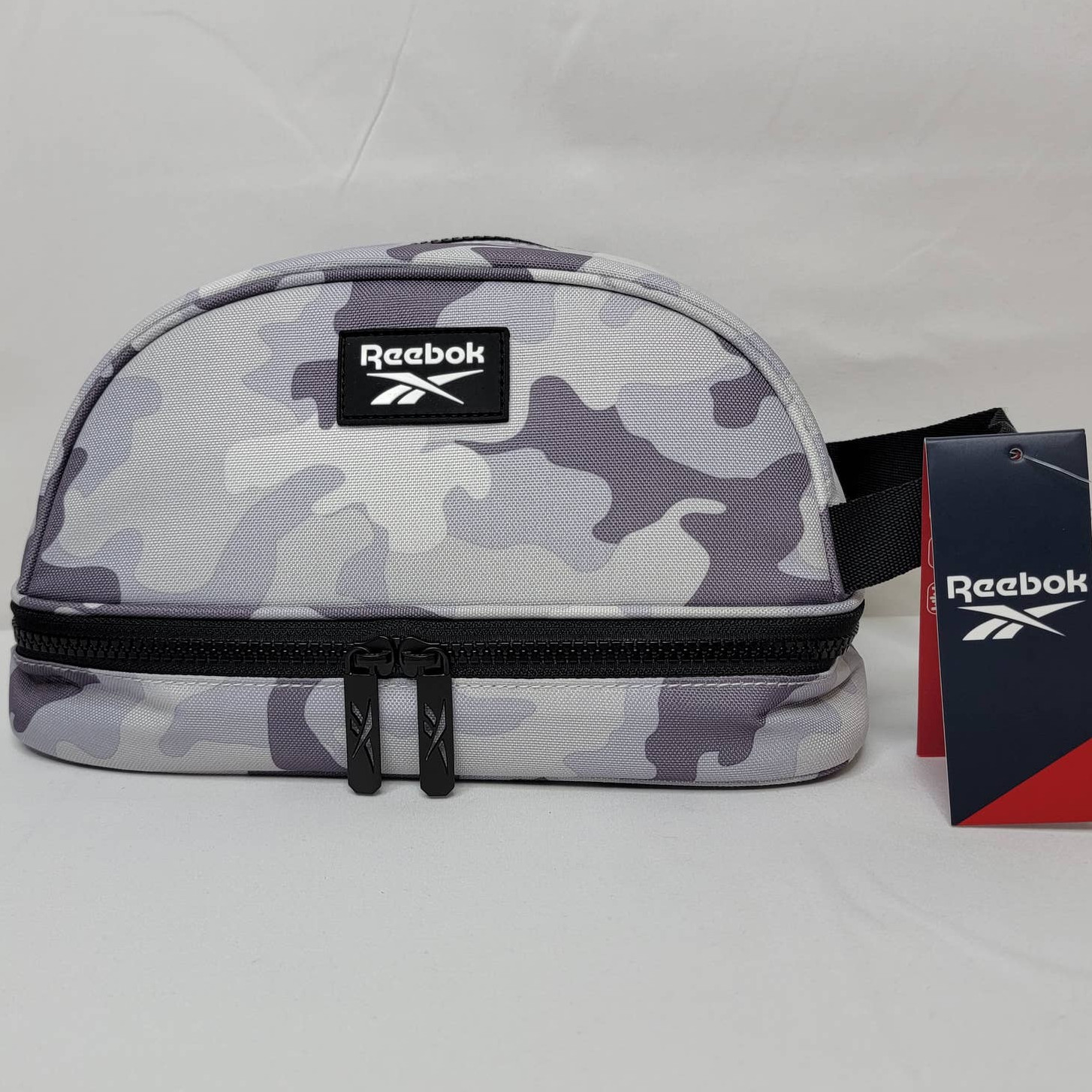 Reebok Reed Dopp Kit Toiletry Bag Travel Case Gray Camo 2 Compartment Zippers