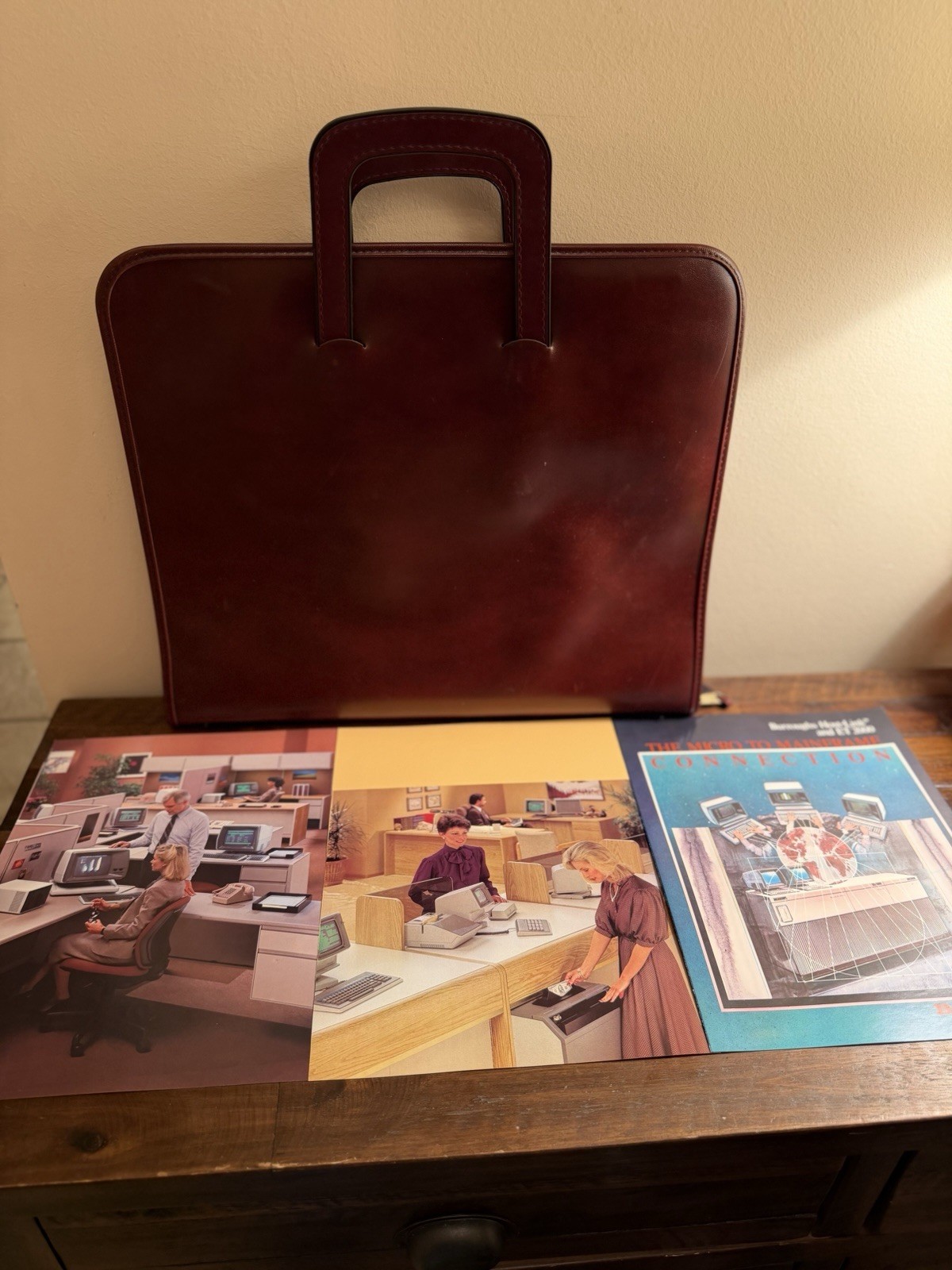 VTG Leather Briefcase Sales Rep Kit Portfolio Brochures Burroughs Banking System