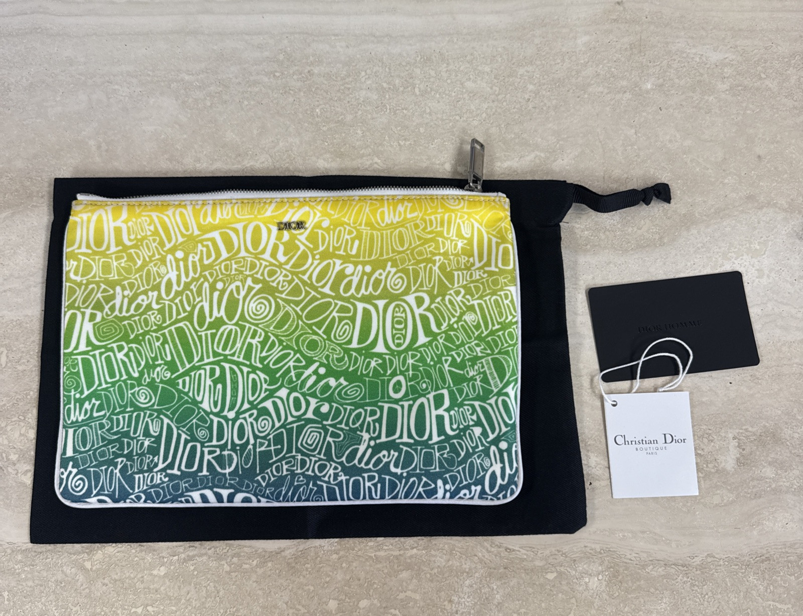 Dior STUSSY collaboration Total Logo Clutch Pouch Nylon Green/yellow Used Once