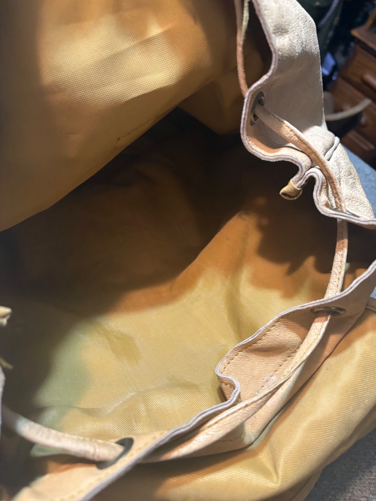 Vintage Genuine Leather Drawstring Backpack Tan Khaki Vintage Style Men’s Camel