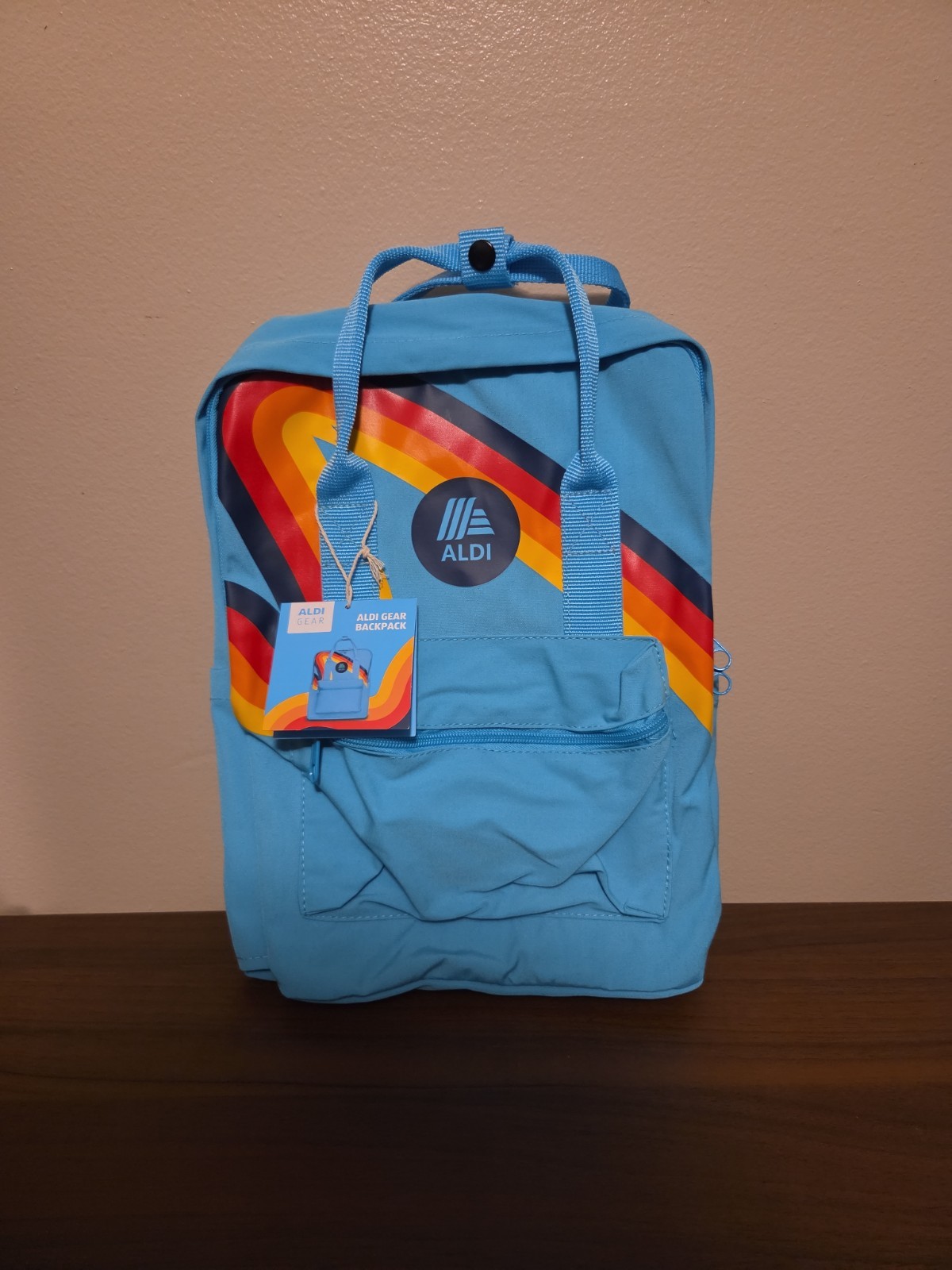 Aldi Gear Blue Rainbow Backpack with Laptop Sleeve Side Pockets Bright Logo NWT
