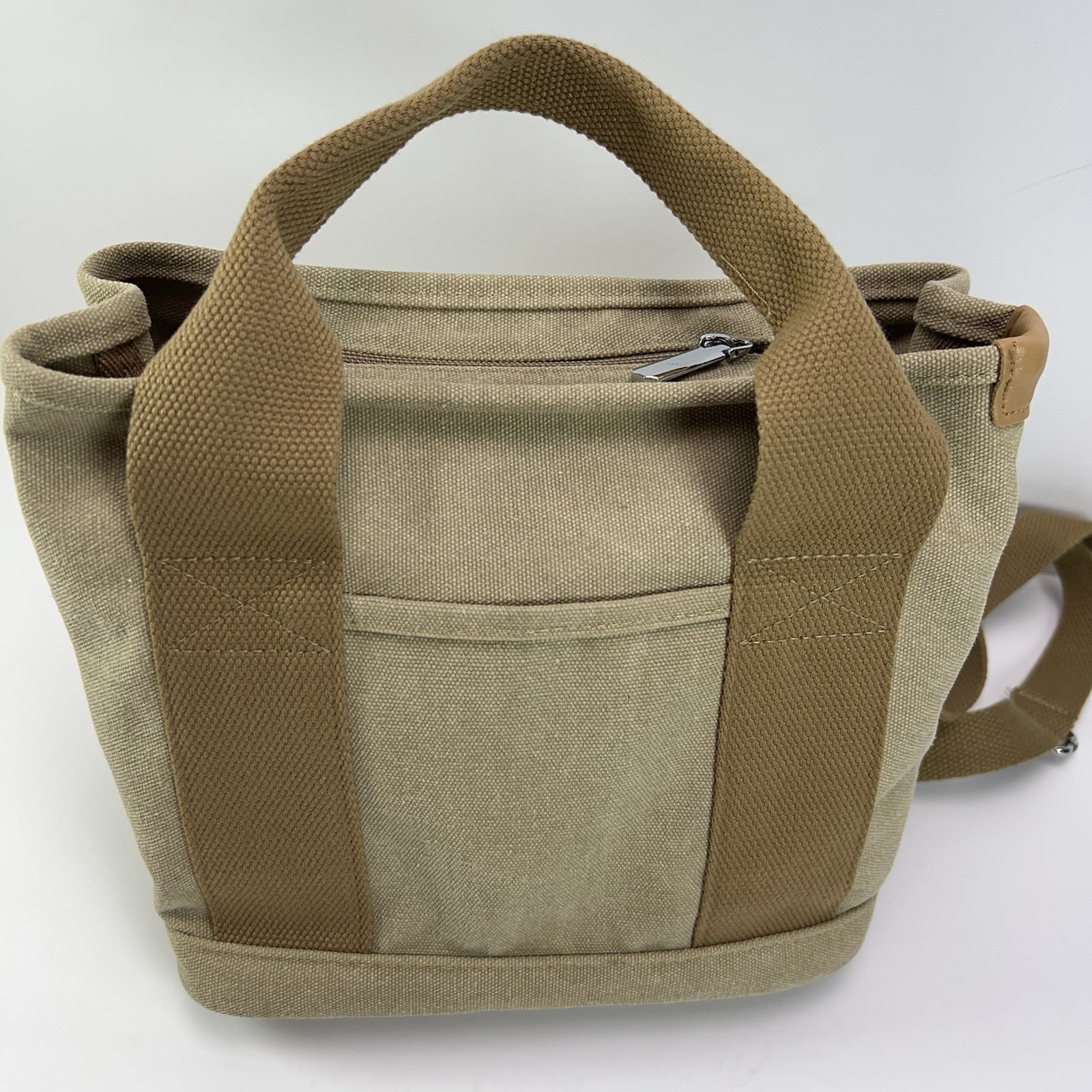 CANVAS Crossbody Tote Bag Small Top Handle Zip Close Organizer Travel Khaki Tan