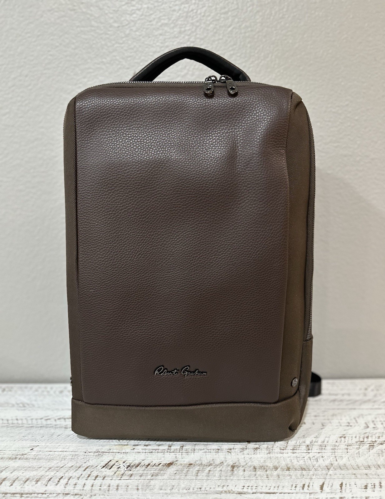 $228 Robert Graham Brown Leather Panel Solid Travel Bag Laptop Backpack Carry On