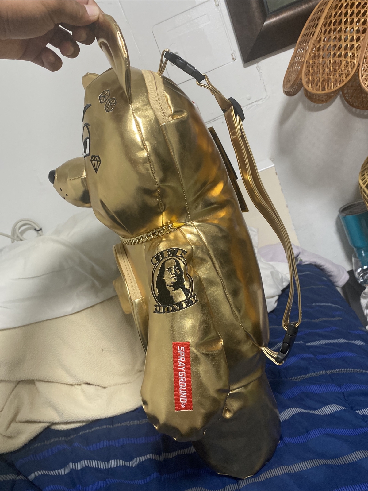 Sprayground Gold Rush Money bear Teddy Back Pack Limited Edition Bag Shiny