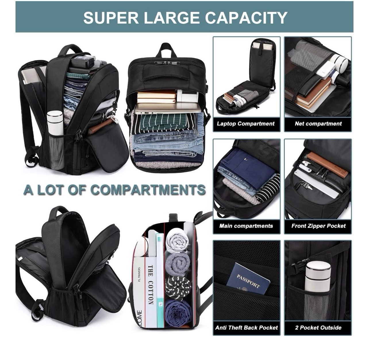 LIWAG Extra Large Laptop Backpack Black 55L TSA Friendly USB Charging Port New