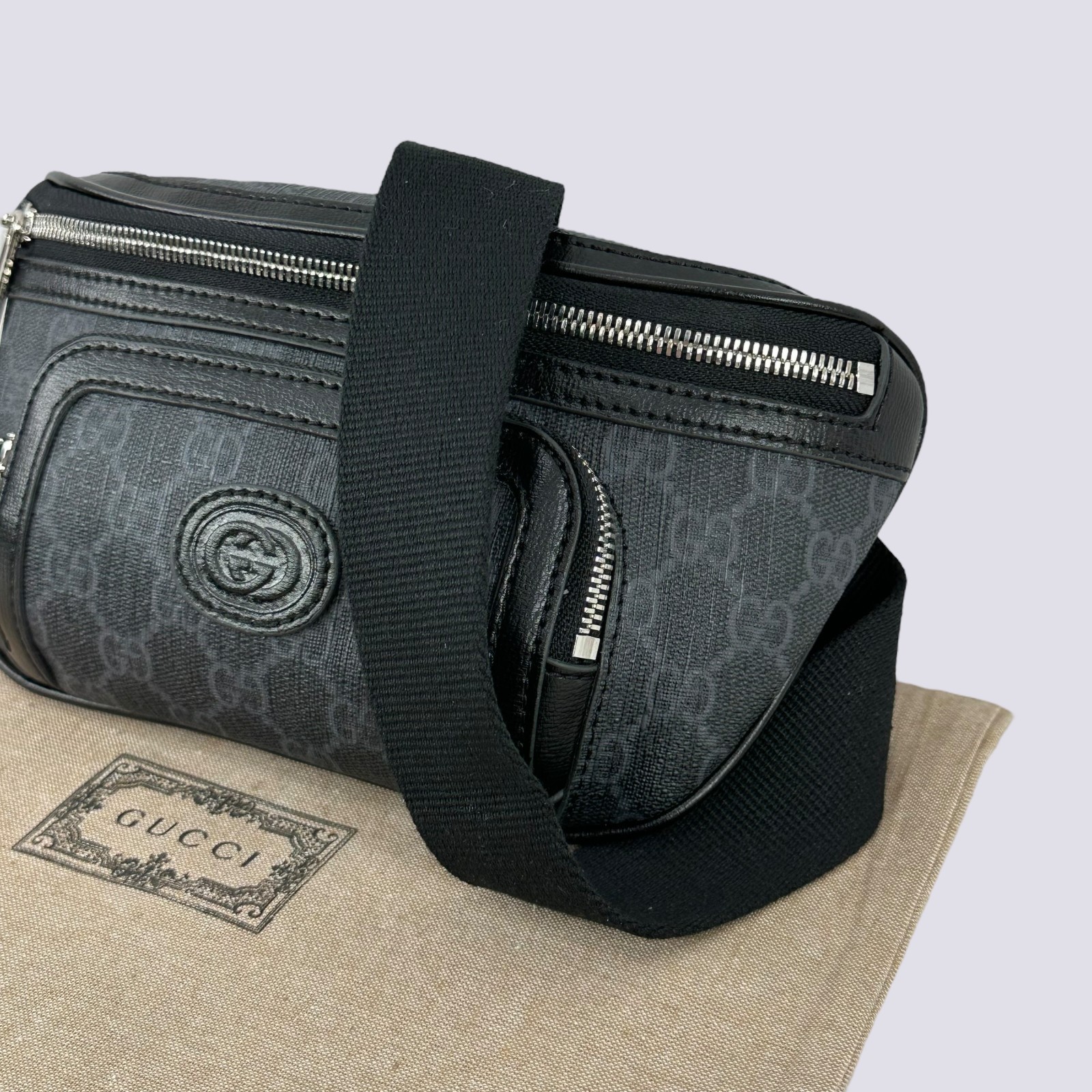 Gucci GG Monogram Logo Interlocking G Canvas Crossbody Belt Bag Black 682933