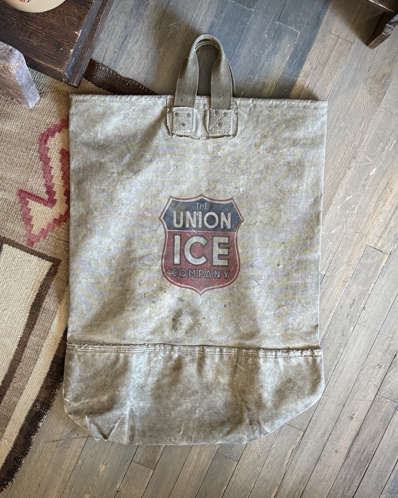 Vintage 30’s Era Union Ice Co Heavy Canvas Waxed Tote Bag Distressed