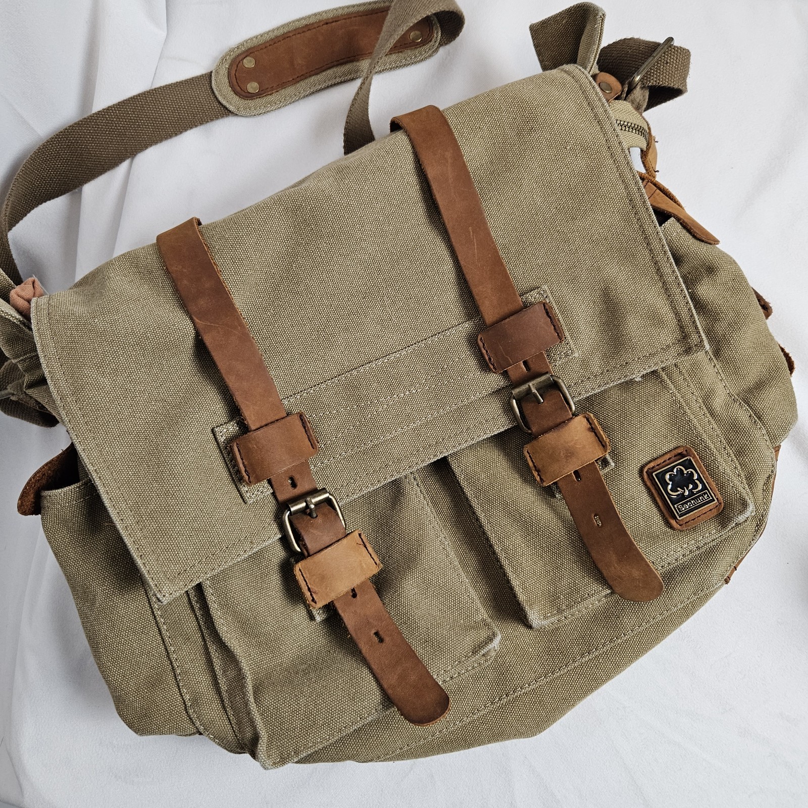 Sechunk Vintage Military Leather Laptop Bag Messenger Bag