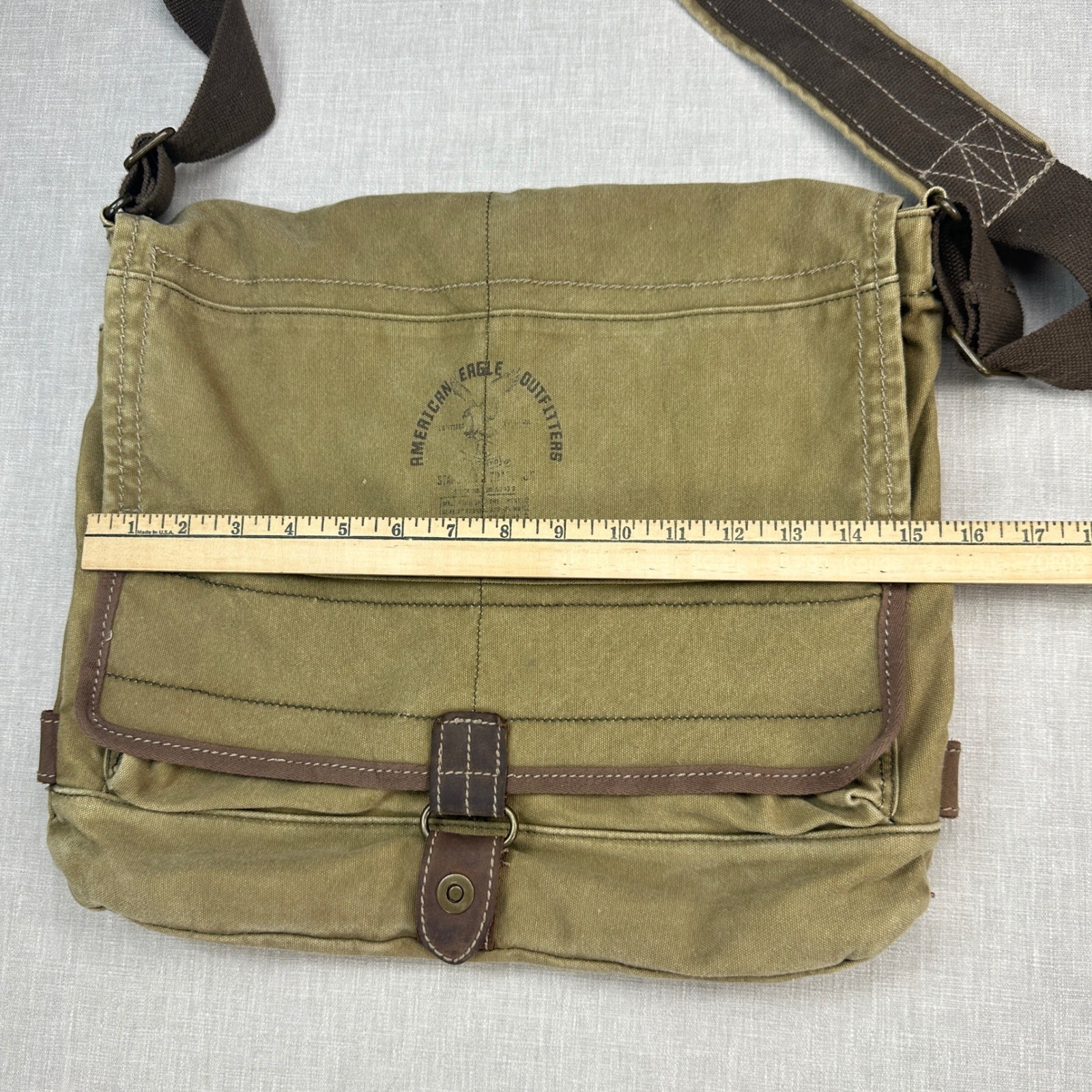 Vtg American Eagle Messenger Bag Khaki Canvas Utility Crossbody Adjustable Strap