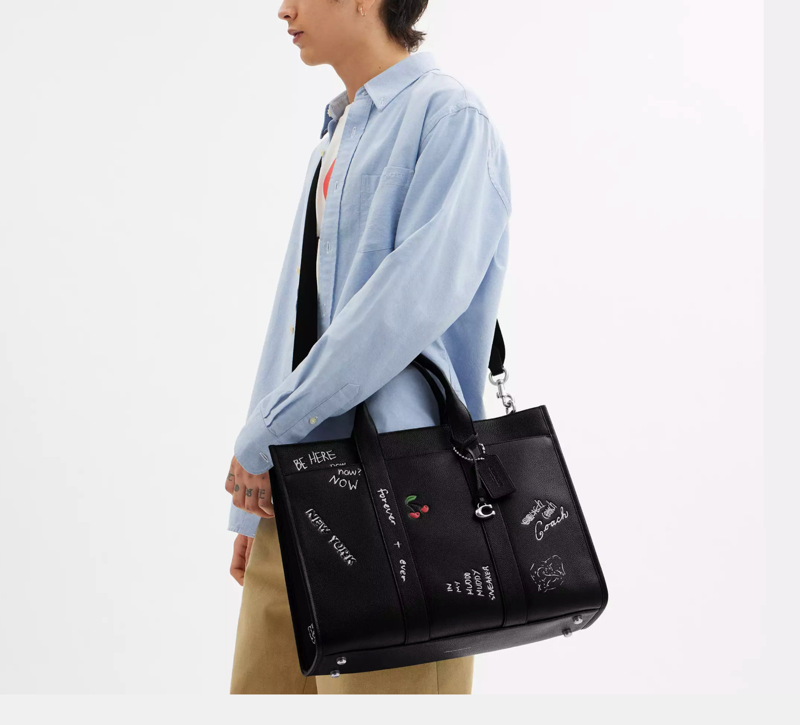 Coach Wesley Tote With Rexy Sketch Print in Black Leather CAS26 Mens Crossbody