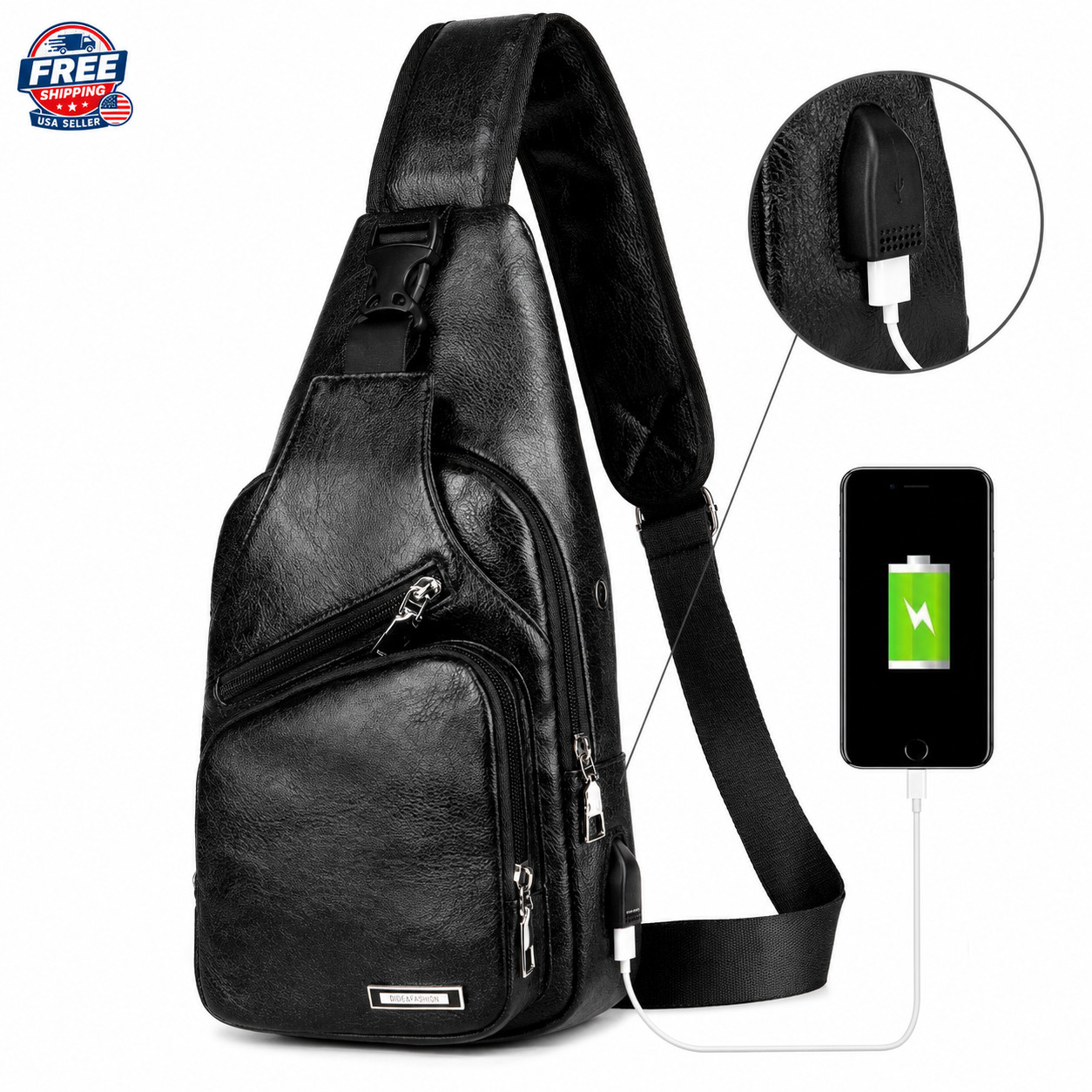 Men’s Leather Sling Bag Crossbody Chest Backpack USB Charging Port Travel Bag