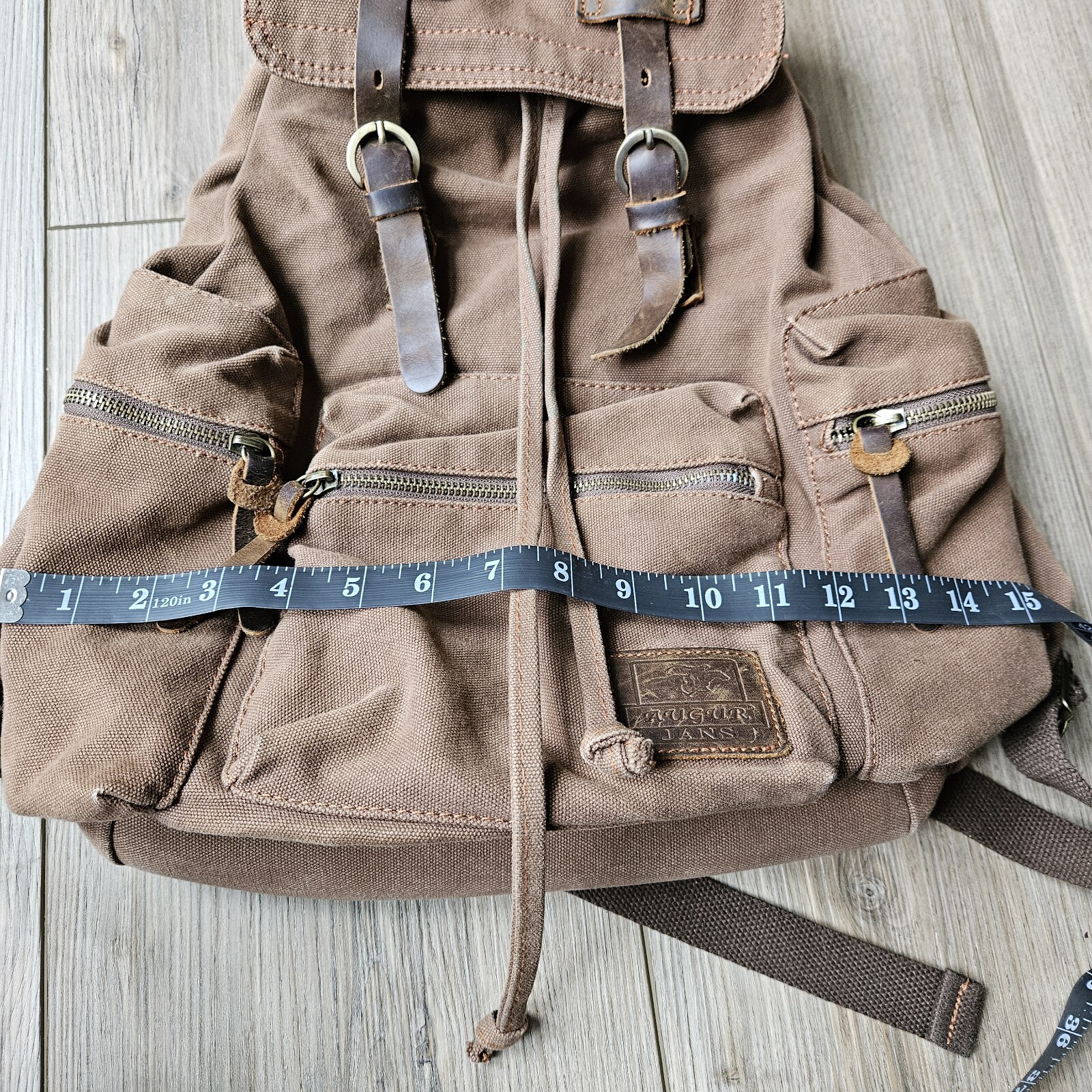 Augur Strauss & Co Brown Canvas Leather Strap Backpack Laptop