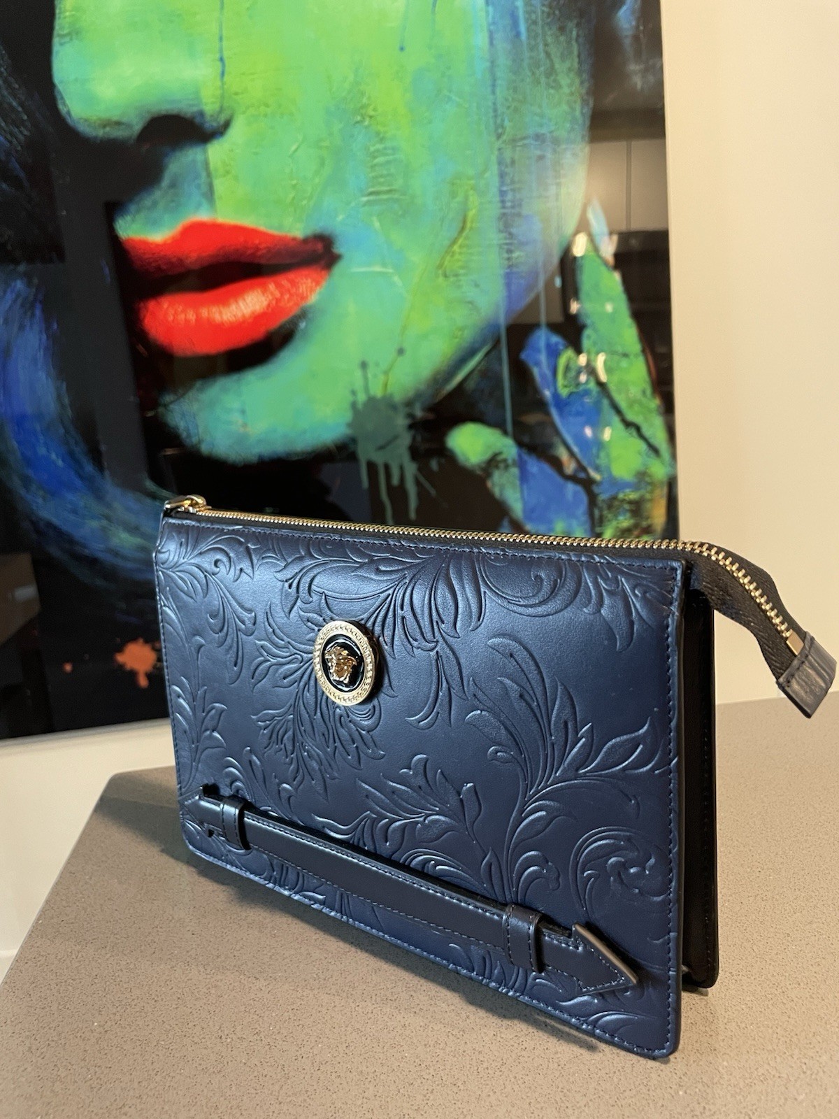 Versace Pouch Embrossing Calf Leather Navy Blue $900 Retail