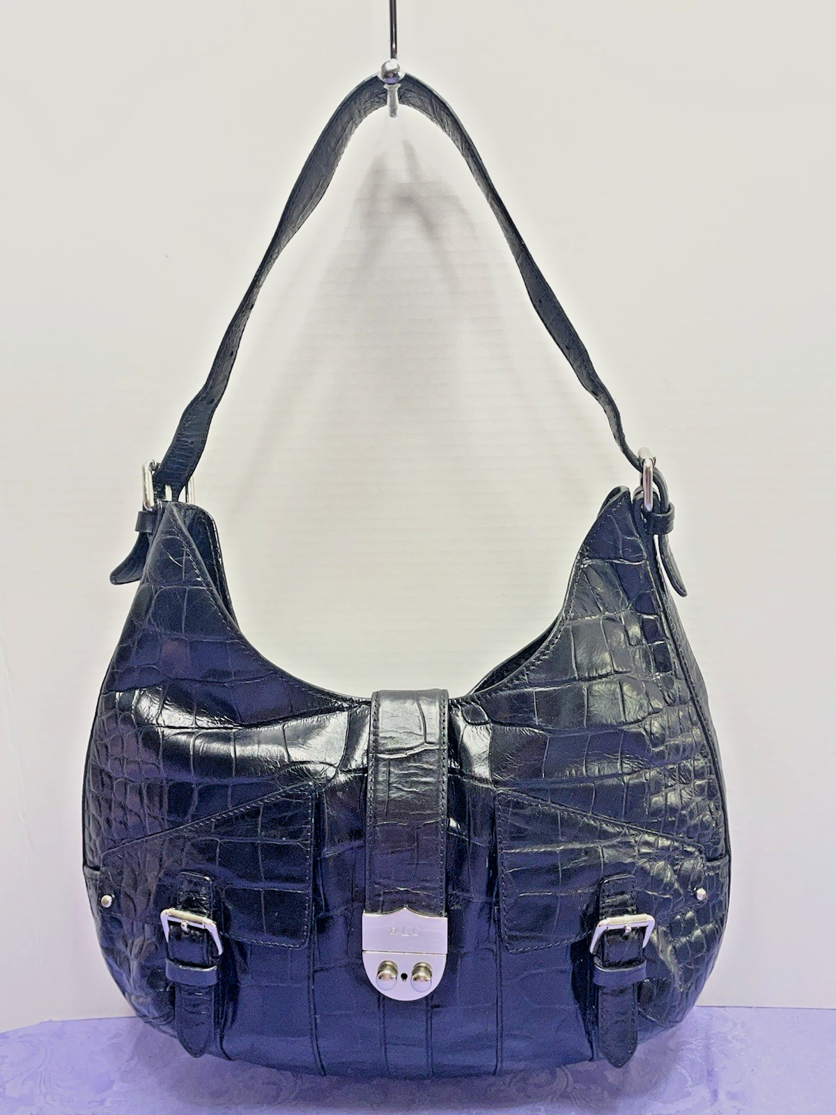 Lauren Ralph Lauren Black Croc Embossed Leather Hobo Shoulder Bag Y2K Push Lock