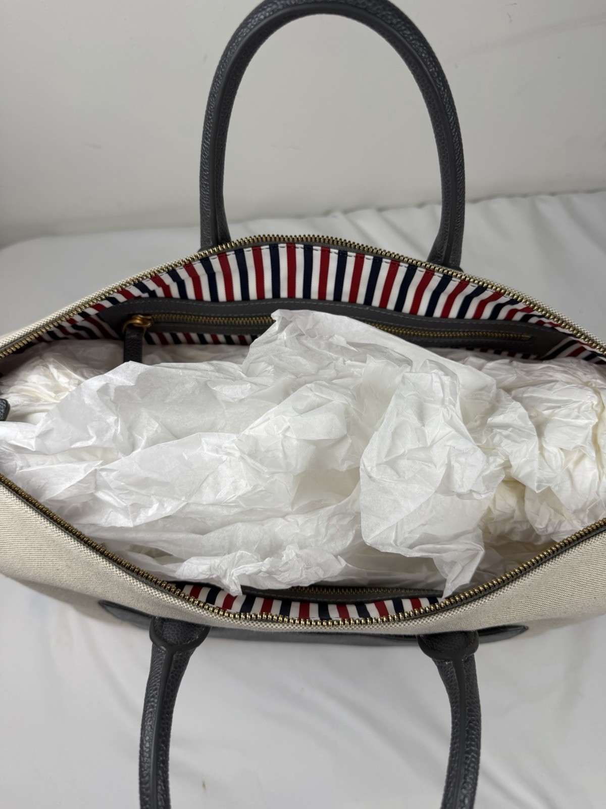 Thom Browne Tricolor Canvas Leather Medium Duffle Tote Bag NEW w/ Dust Bag