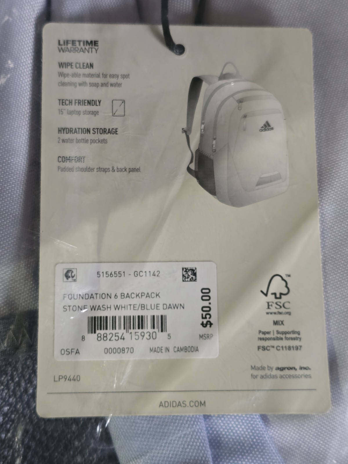 Adidas Foundation 6 Backpack *SEALED*NEW*W/TAGS Stone wash white/blue dawn