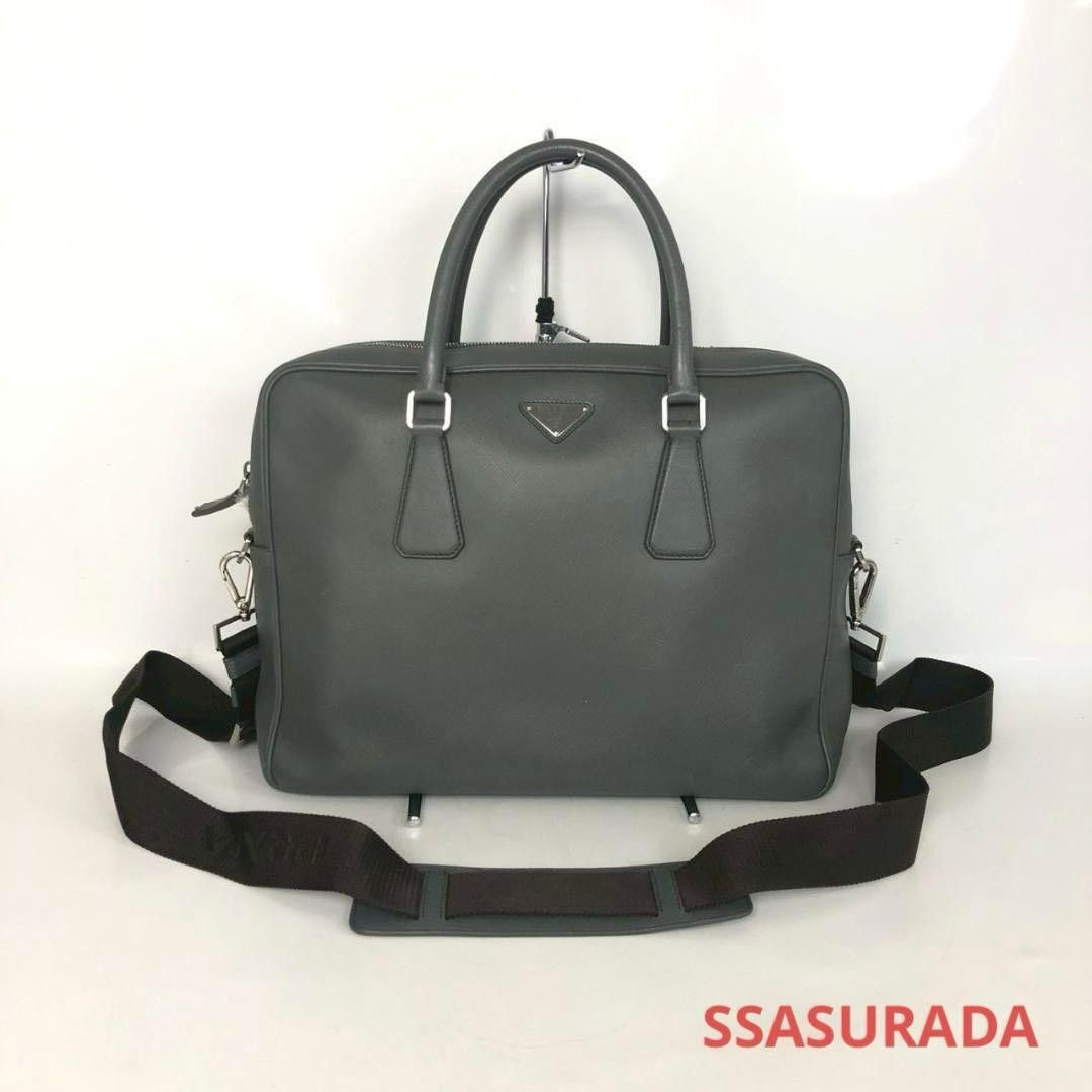 Prada Saffiano Briefcase Business Bag Leather Tote Messenger Shoulder Bag Gray