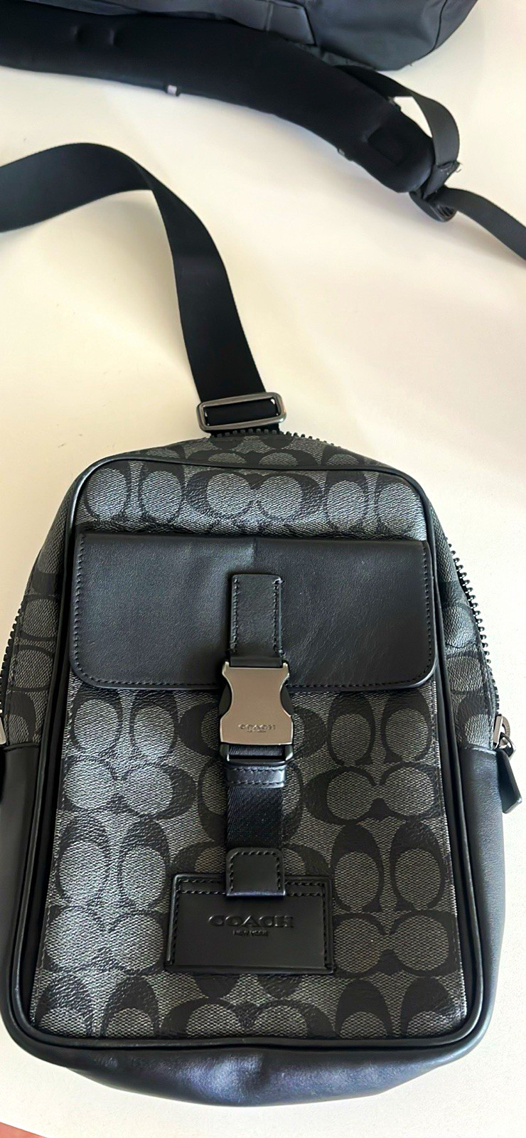 Coach Signature Black/Gray Small Crossbody Sling Bag Zip Buckle Adjustable