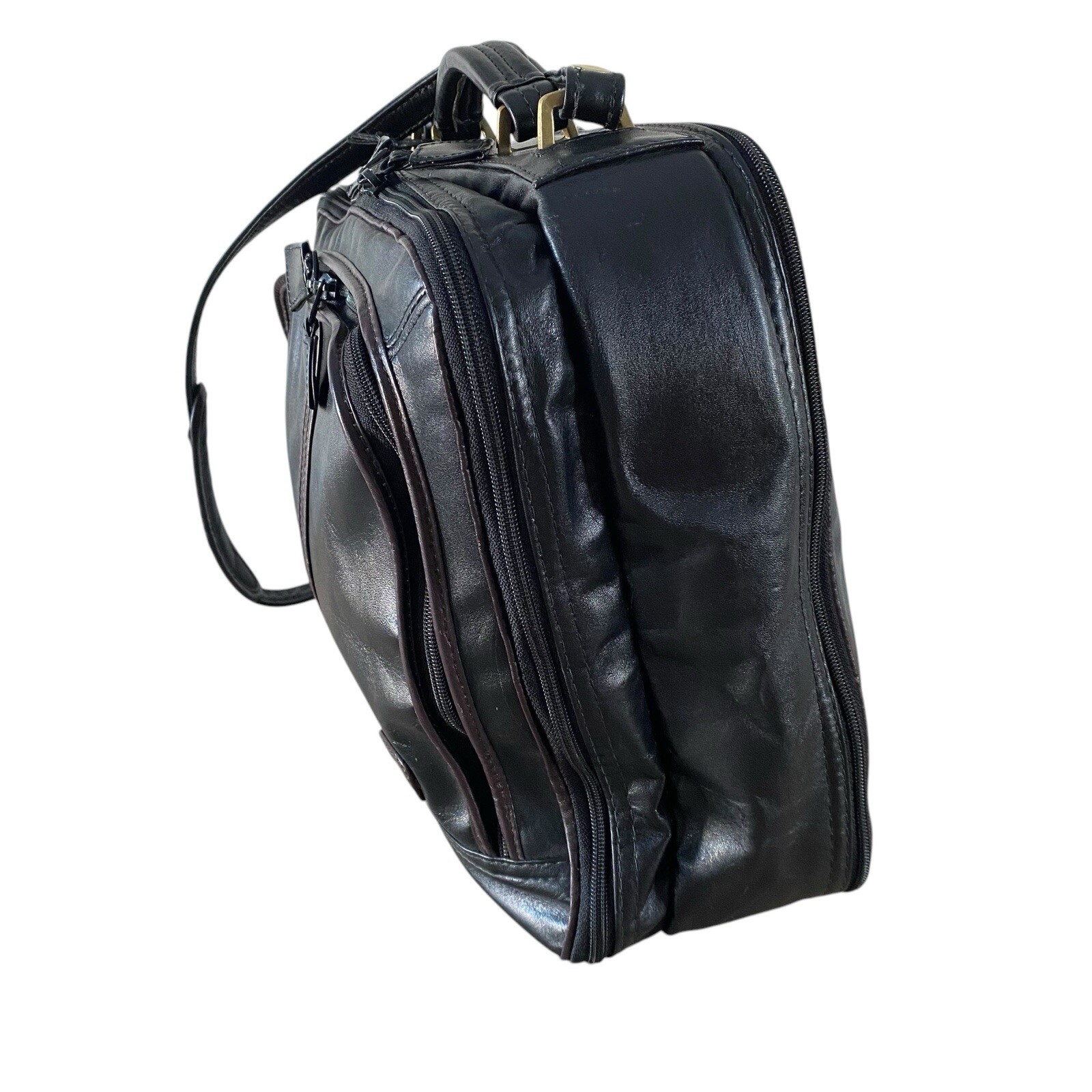 Land VTG Leather Bag Black Travel Business Carry On Shoulder Strap Zip Around