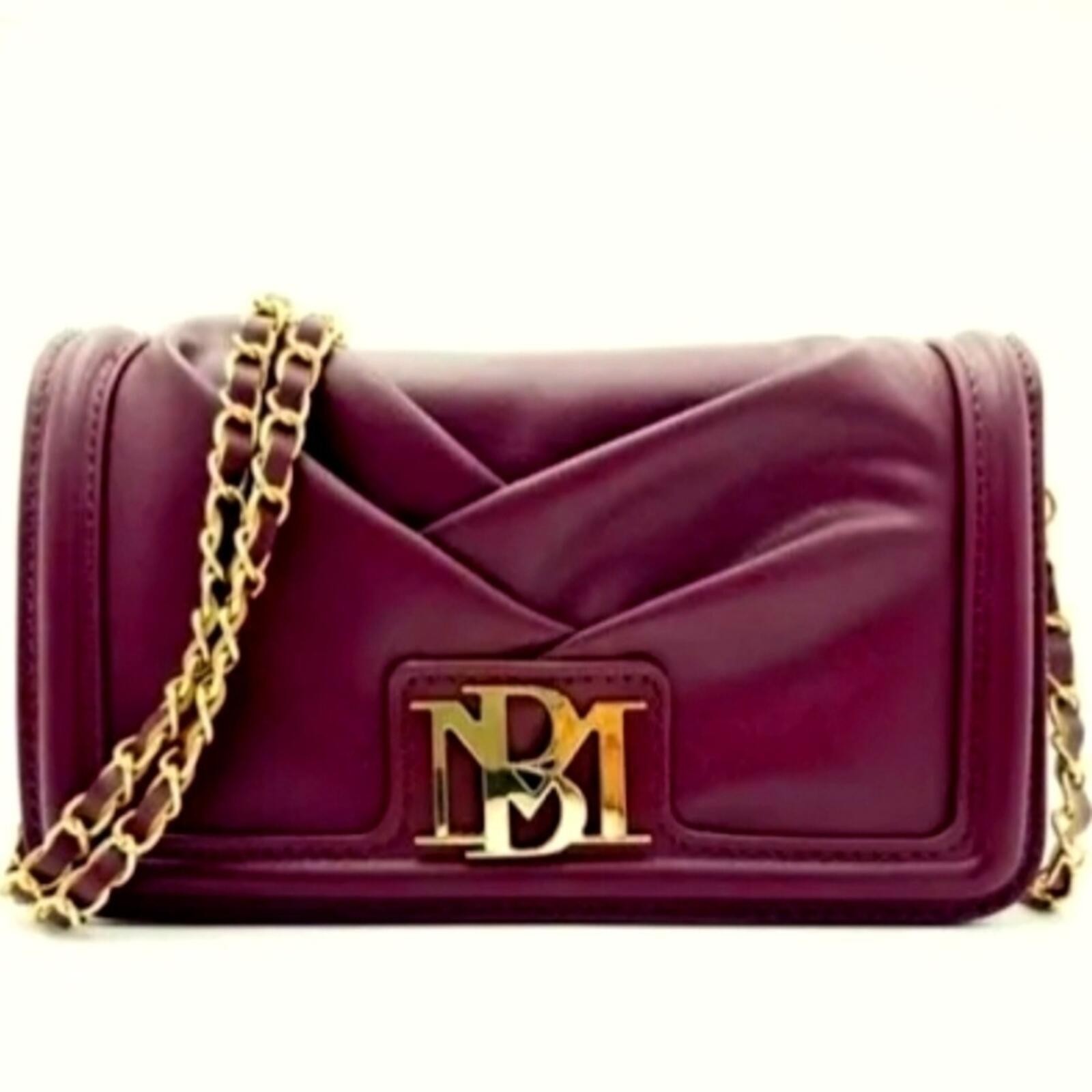 Badgley Mischka Burgundy Vegan Leather Ruched Crossbody Bag Gold Chain Strap