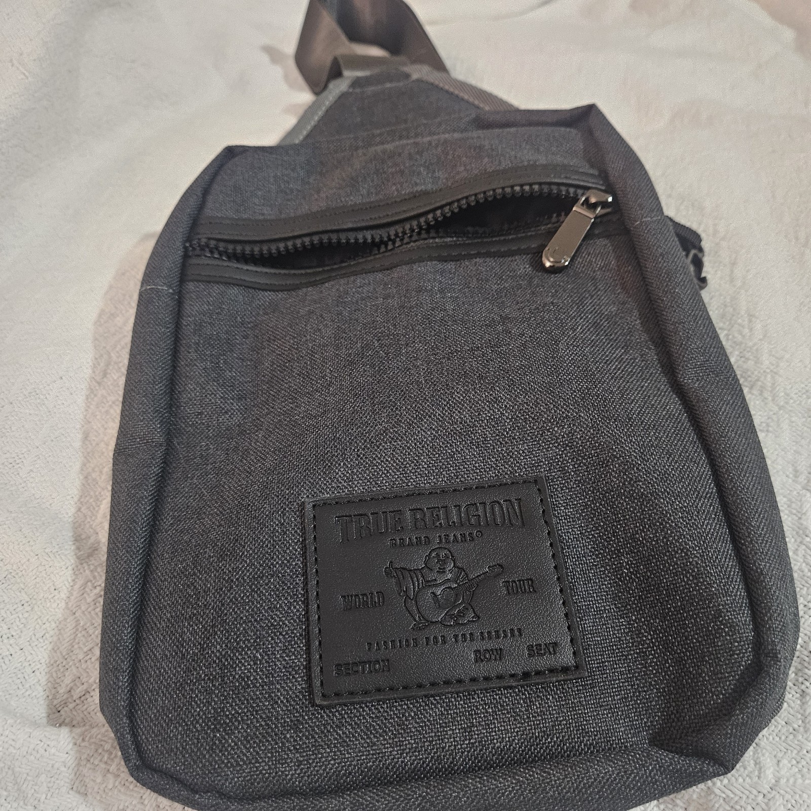 True Religion Men’s Black/Gray Crossbody Sling Bag, Zip, Pockets, Buddha