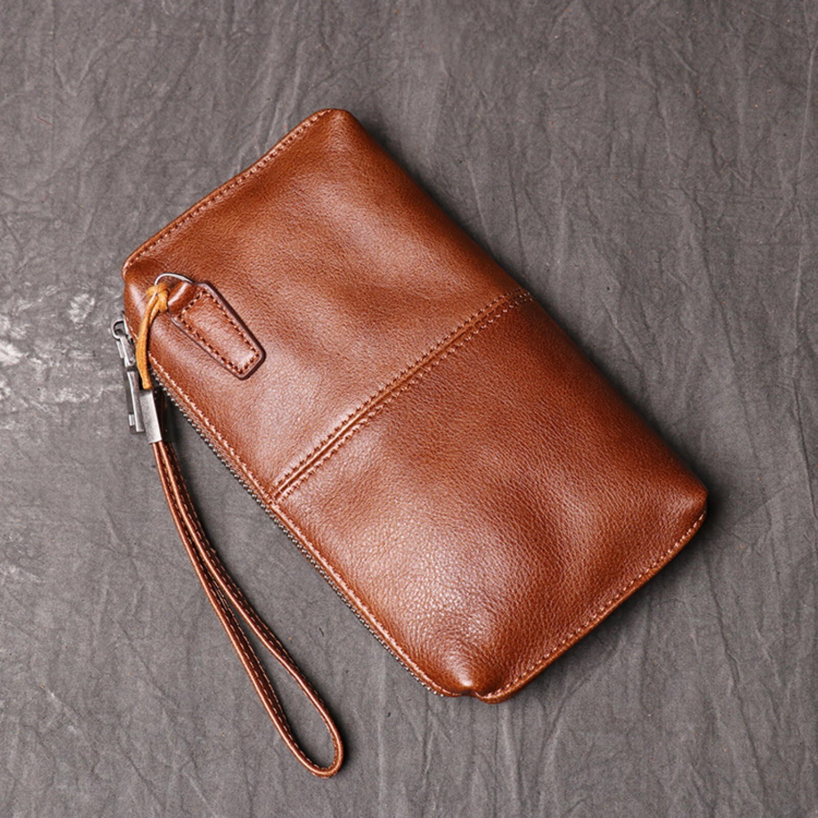 Mens Leather Wristlet Wallet Clutch Bag Zippered Organizer Multiple Pockets