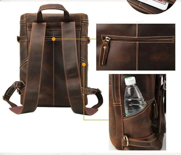 Leather 17in Travel Backpack for Men Vintage Rucksack Office Business Laptop Bag